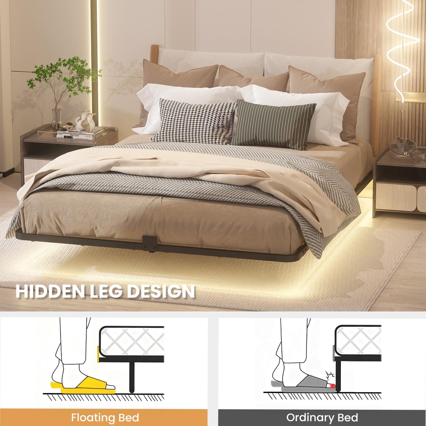 Kaelidra Full Size Floating Bed Frame with Smart LED Lights, Heavy Duty Metal Platform Floating Bed Frame, No Box Spring Needed, Easy Assembly, Noise Free
