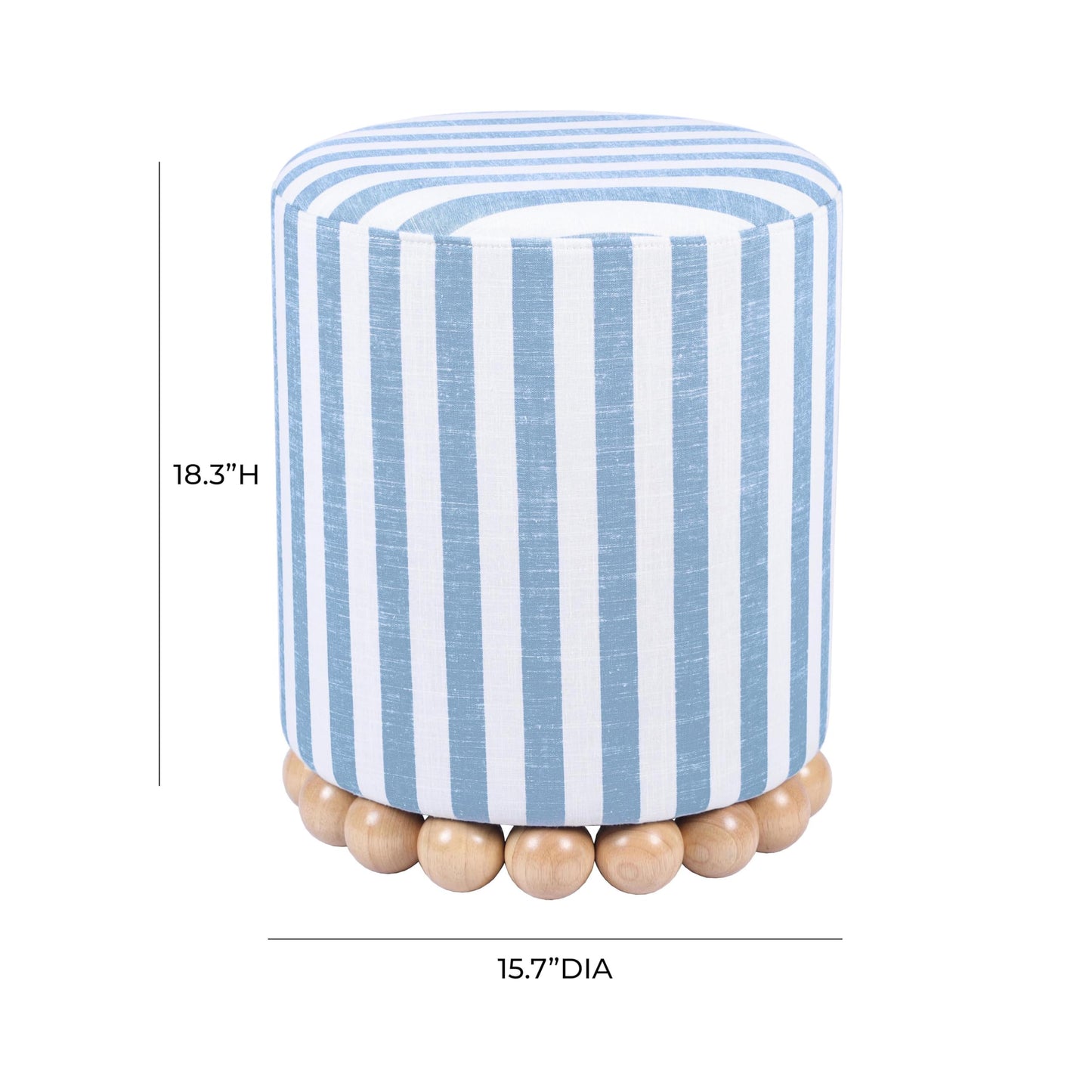 Tov Furniture Dex Pastel Blue Striped Linen Round Ottoman with Wooden Base