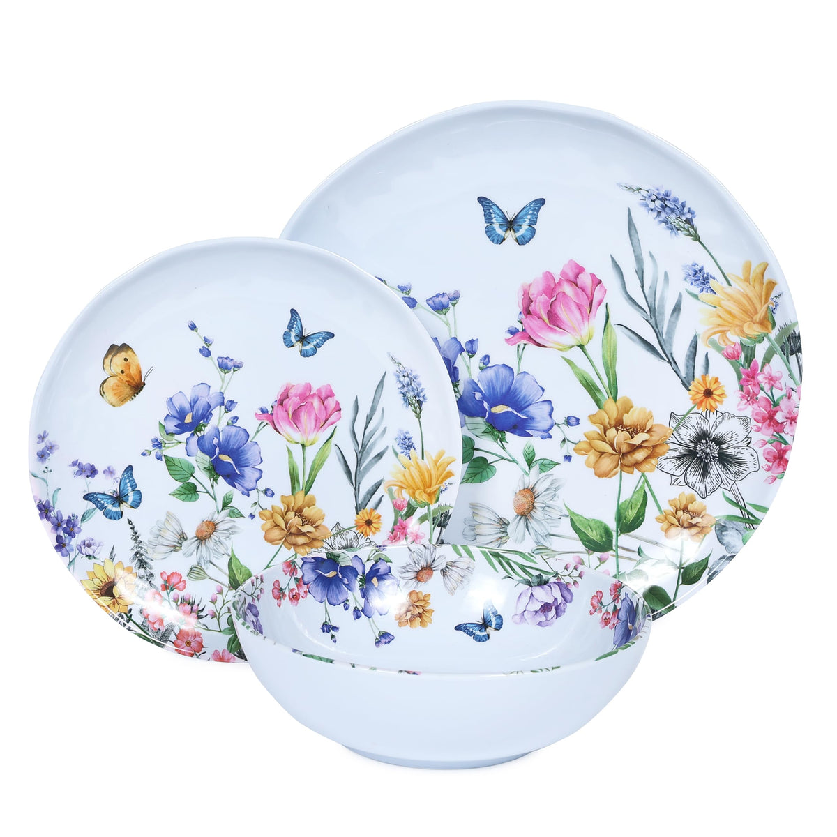 Lechoo 12 Piece Melamine Dinnerware Sets - Plates And Bowls Sets Floral Dinnerware Sets- Spring Camping Dishs Indoor Outdoor Use,Flowers And Butterflies Pattern