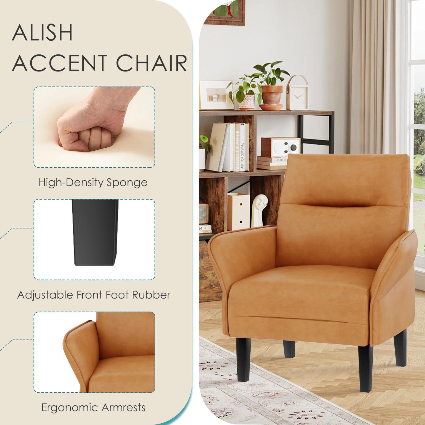 ALISH Mid-Century Accent Chair,Uphsoltered Modern Armchair Side Chairs with Wood Legs,Faux Suede Single Sofa Chair for Living Room, Bedroom (Brown, Set of 1)