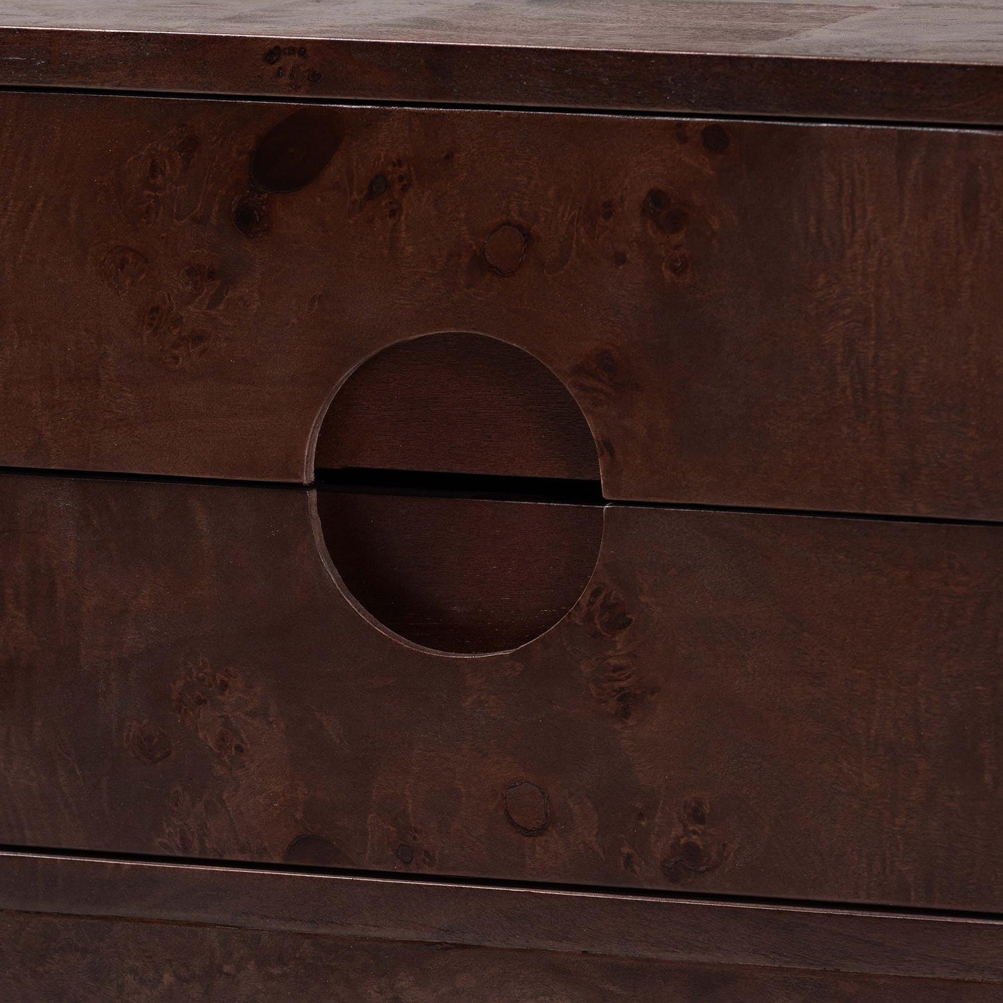 Bali & pari Kayla Real Burl Wood Nightstand in Dark Walnut Brown - Modern Bedside Table with Two Drawers and Cutout Handle Design
