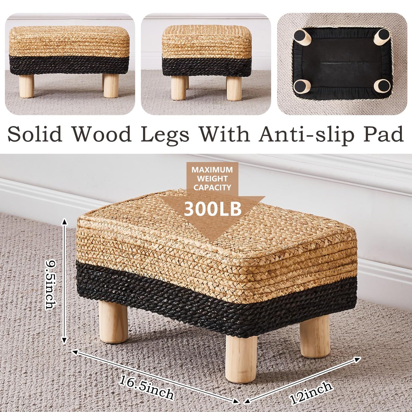 Wimarsbon Natural Seagrass Footstool Ottoman Rectangular Footrest Pouf Ottomans with Wooden Legs Hand Weave Step Stool for Living Room Bedroom Entryway Black
