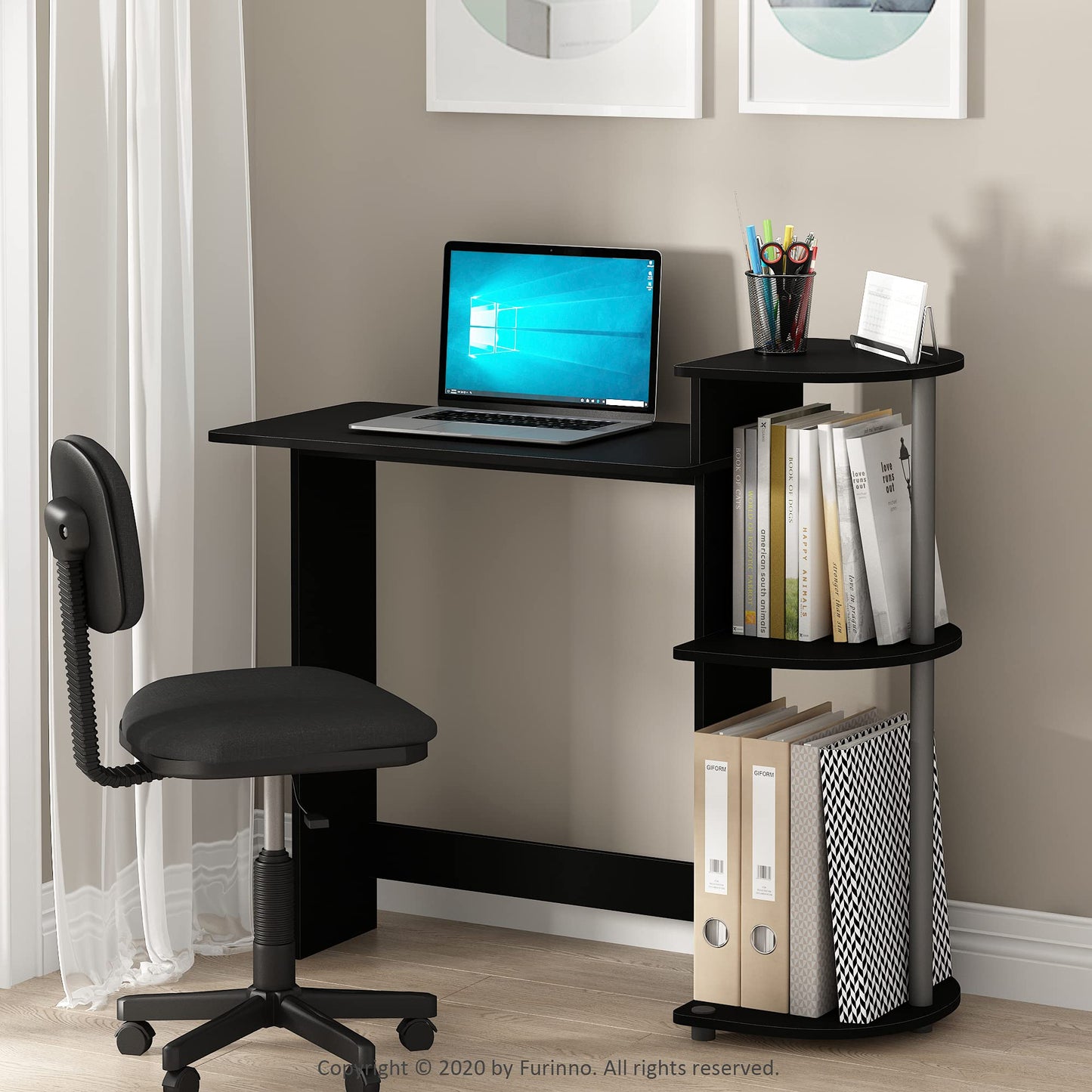 Furinno Compact 29-Inch Black Computer Desk, Gaming Desk with Shelves, Office Desk with Book Shelf, for Home Office, Study Room, Dorm, Bedroom, Black