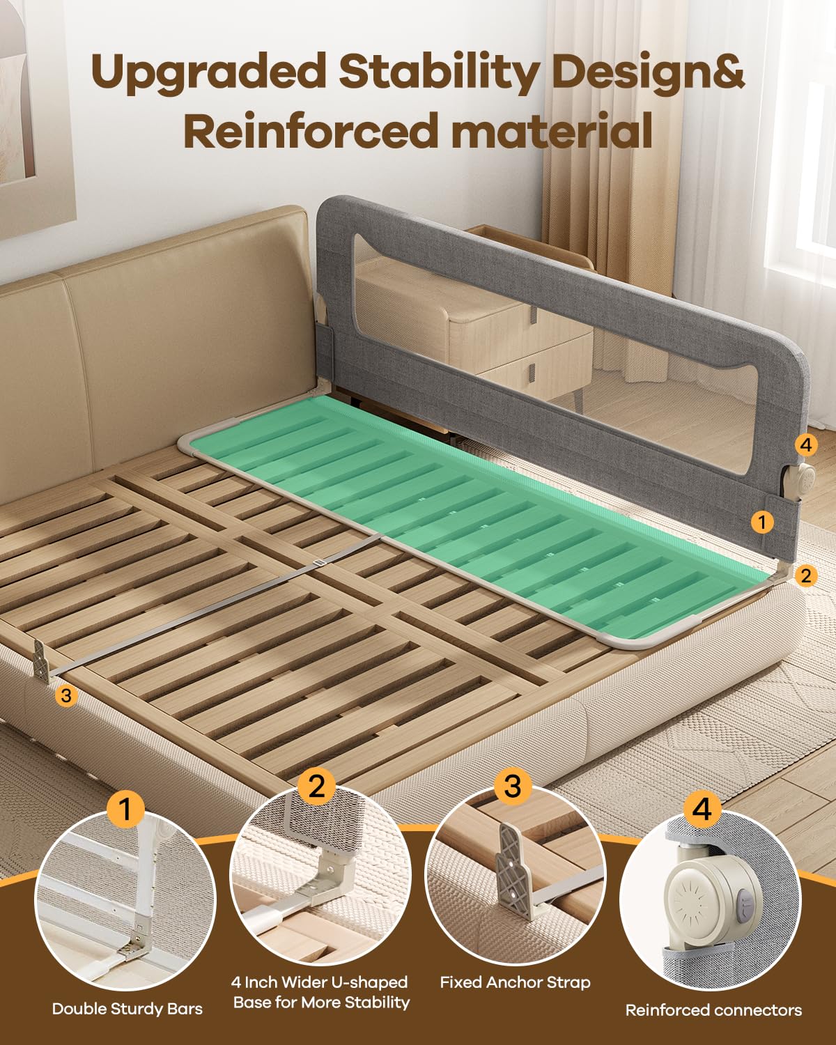 GrowthFun Foldable Bed Rail for Toddlers, 71in Reinforced Carbon Steel Frame&Connectors, Breathable Cationic Fabric - Safety Toddler Bed Rails for Queen, King, Twin, Full, No-Tool Setup.