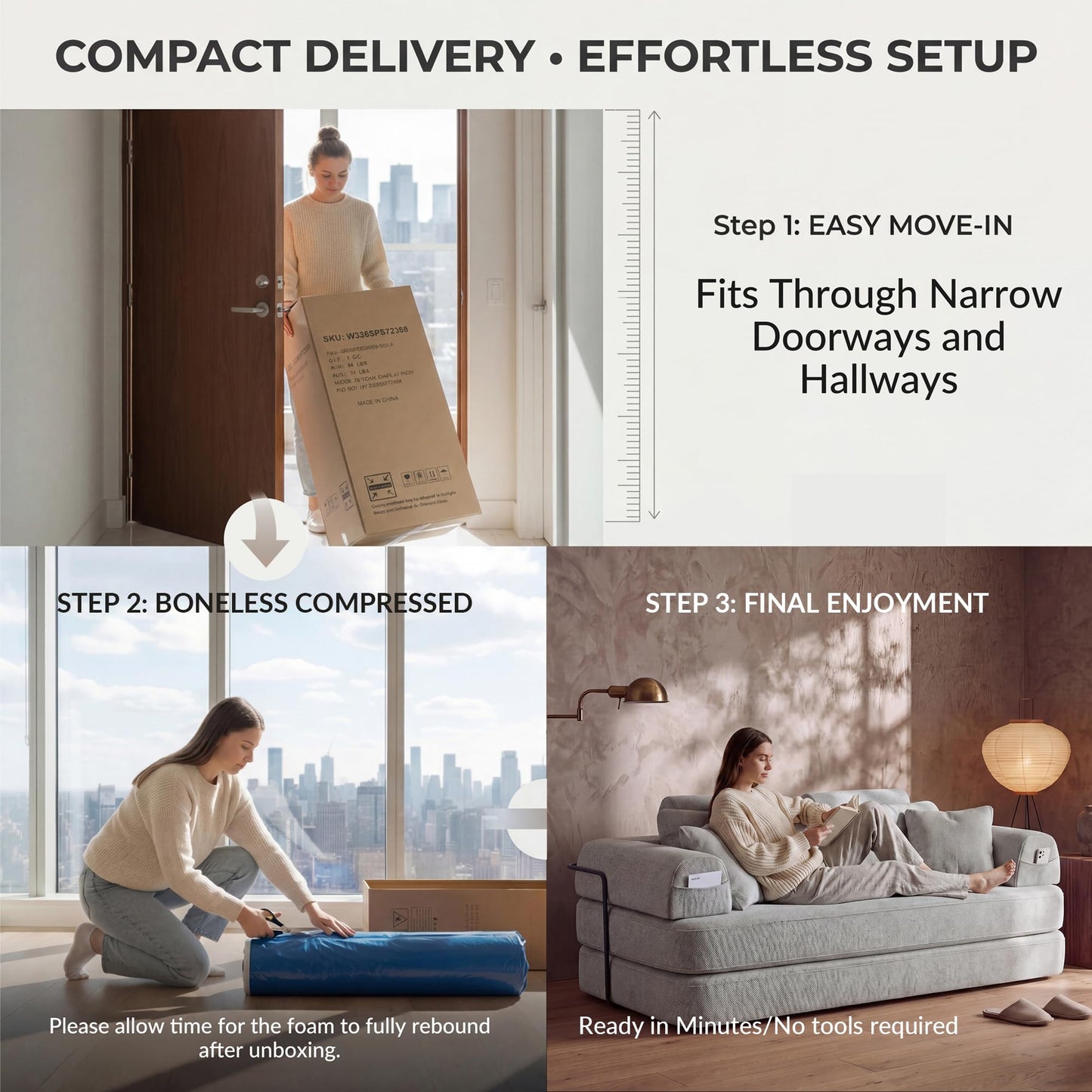 Boneless Floor Sofa, 3-in-1 Convertible Loveseat Sleeper Futon, Modular Small Space Couch Bed with High Headrests & Side Storage Pockets & 2-in-1 Pillow Blanket for Living Room, No Assembly, Bedroom