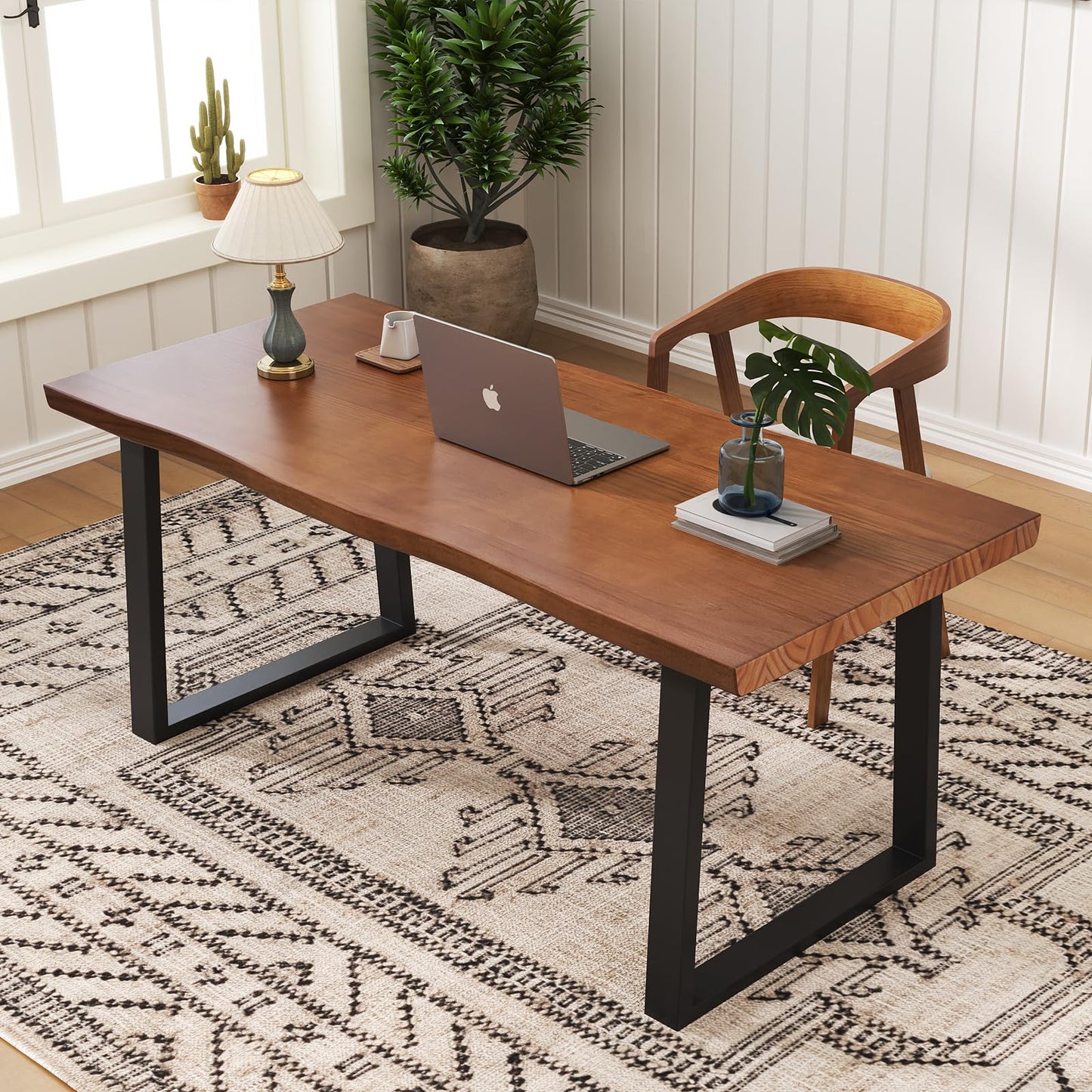 wangbochuan Solid Wood Administrative Computer Desk - Rustic Style Large Office Desk, Modern Minimalist Workstation for Home, Ideal for Learning, Writing, and Professional Use (Dark Yellow, 55.12in)