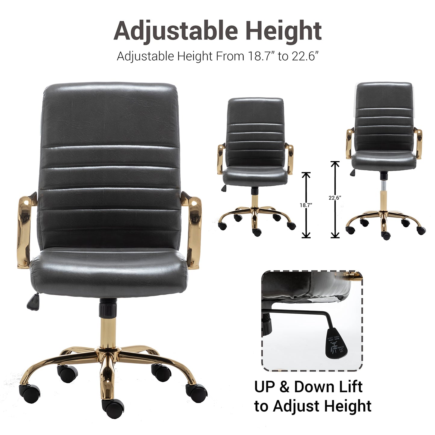 BTEXPERT Gray Faux Leather Adjustable Home Office Golden Arms Exectuive Chair High Back Manager Desk Armchair Tilt Lumbar Support, Grey (5162GY)