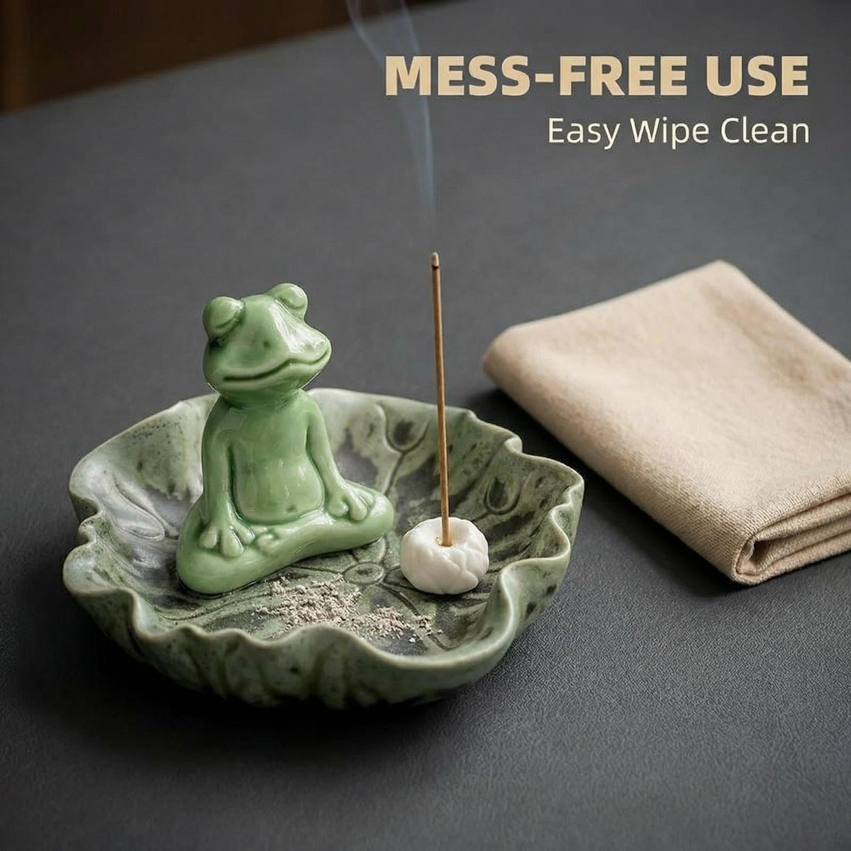 MENORISK Incense Holder for Sticks, Meditating Frog Ceramic Incense Holder with Stainless Steel Tweezer & Brush – Zen Home Decor for Meditation, Yoga, or Tea Ceremony