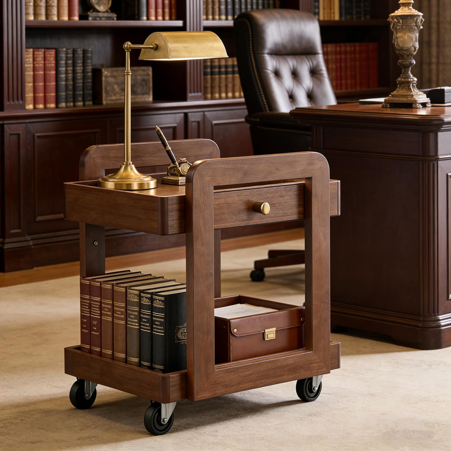 Rosolaratop Solid Wood Bar Cart with Drawer, 2-Tier Mobile Side Table with Universal Wheels, Walnut Finish Storage Trolley for Living Room, Tea Room, Bedroom