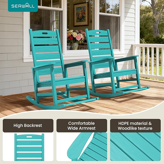 SERWALL Outdoor Rocking Chair Set of 2, Oversized HDPE Patio Rocking Chair