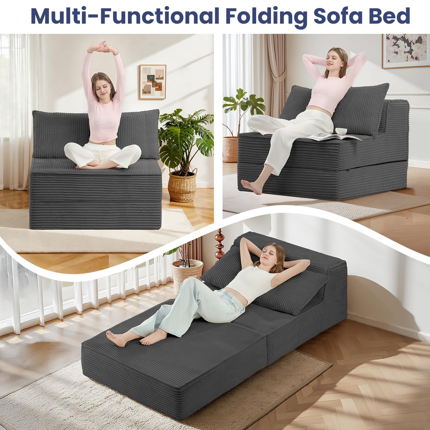Erament Folding Sofa Bed, 8" Convertible Sleeper Sofa Fold Out Chair Bed with Pillow, Portable Floor Couch Lounge Sofa for Living Room Bedroom Guest Room, Grey