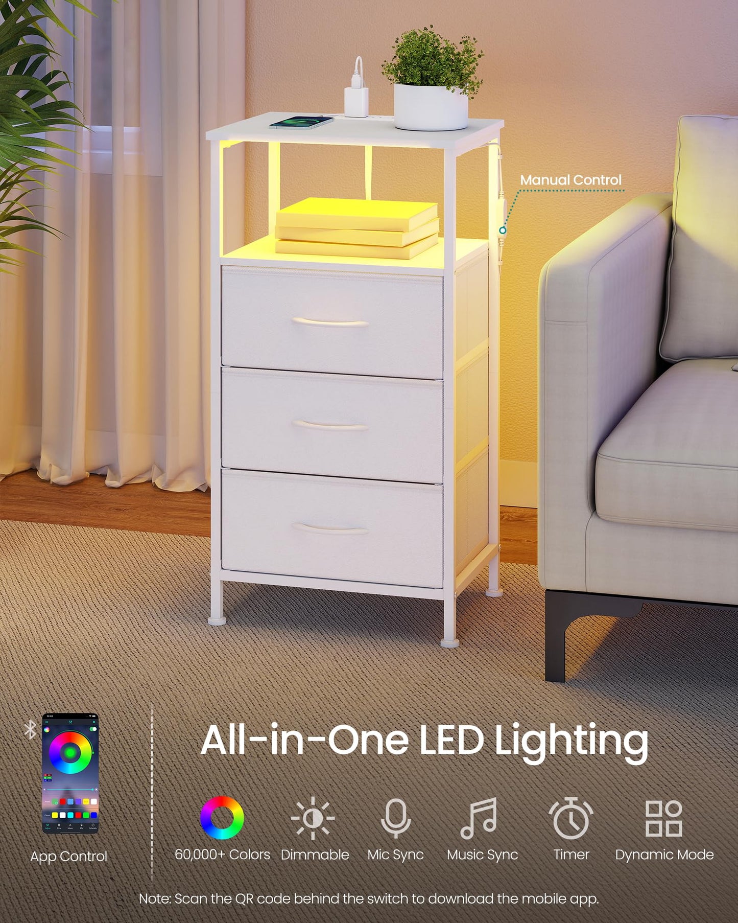 SONGMICS BELLAH Collection - Nightstand with Charging Station and App-Controlled Adjustable LED Lights, Bed Side Table, 3 Drawers and 1 Open Shelf, Modern, Cloud White and Snow White ULGS303WH01S