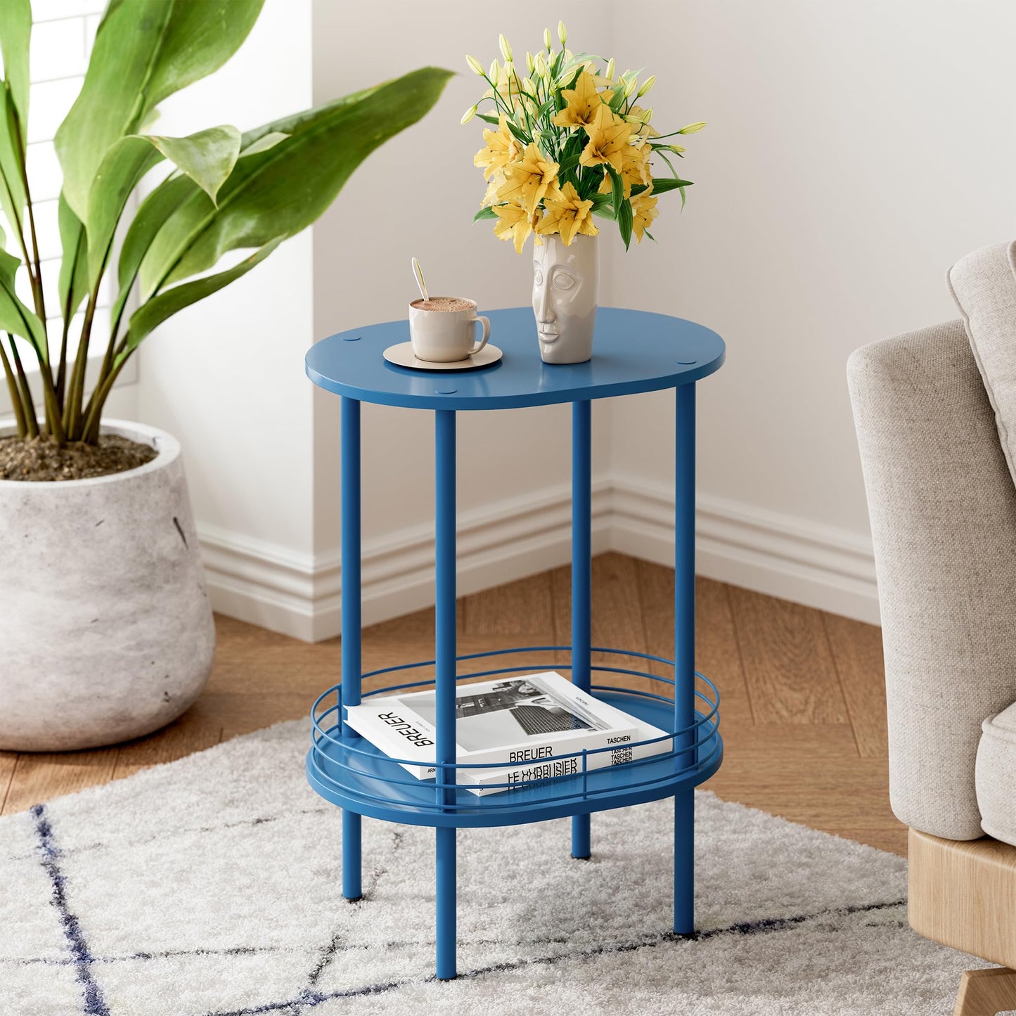 DGSANDGO Blue Oval Side Table,Side Tables Living Room,2-Tier Nightstand,Samll End Table for Small Space,Living Room,Bedroom, Nursery, (1PC,Blue)