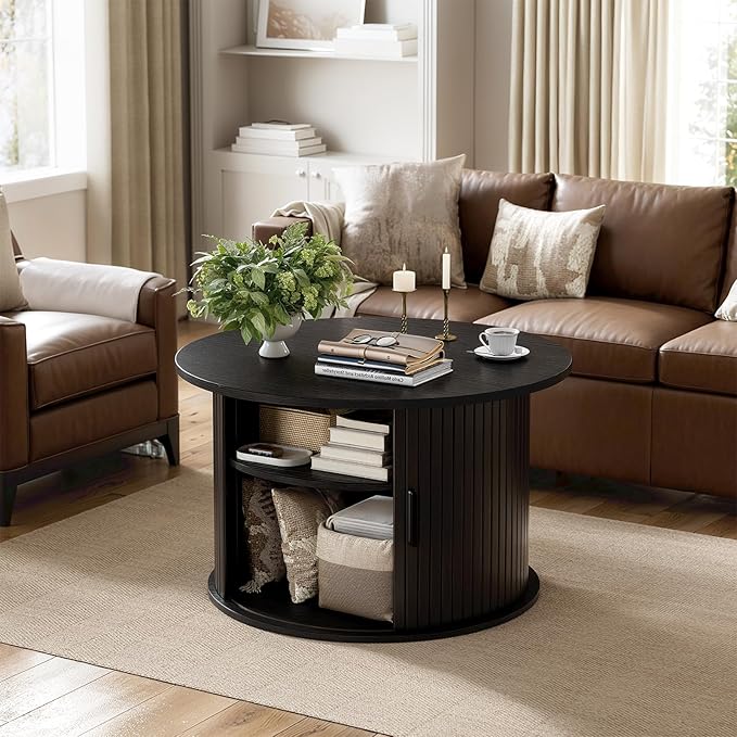 FABATO Round Lift Top Coffee Table, Fluted Wood Accent Coffee Table