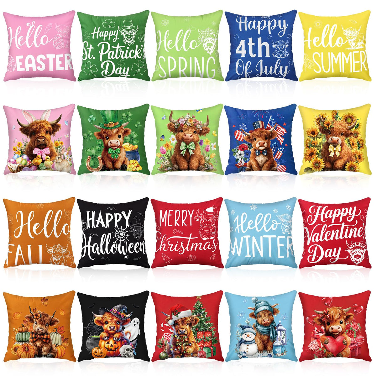 Mindsoft 20 Pcs Holiday Pillow Covers 18 x 18 Easter Pillow Cover Spring Summer 250th Anniversary Pillowcase Decorative Seasonal Cushion Case for Farmhouse Home Sofa(Highland Cow)