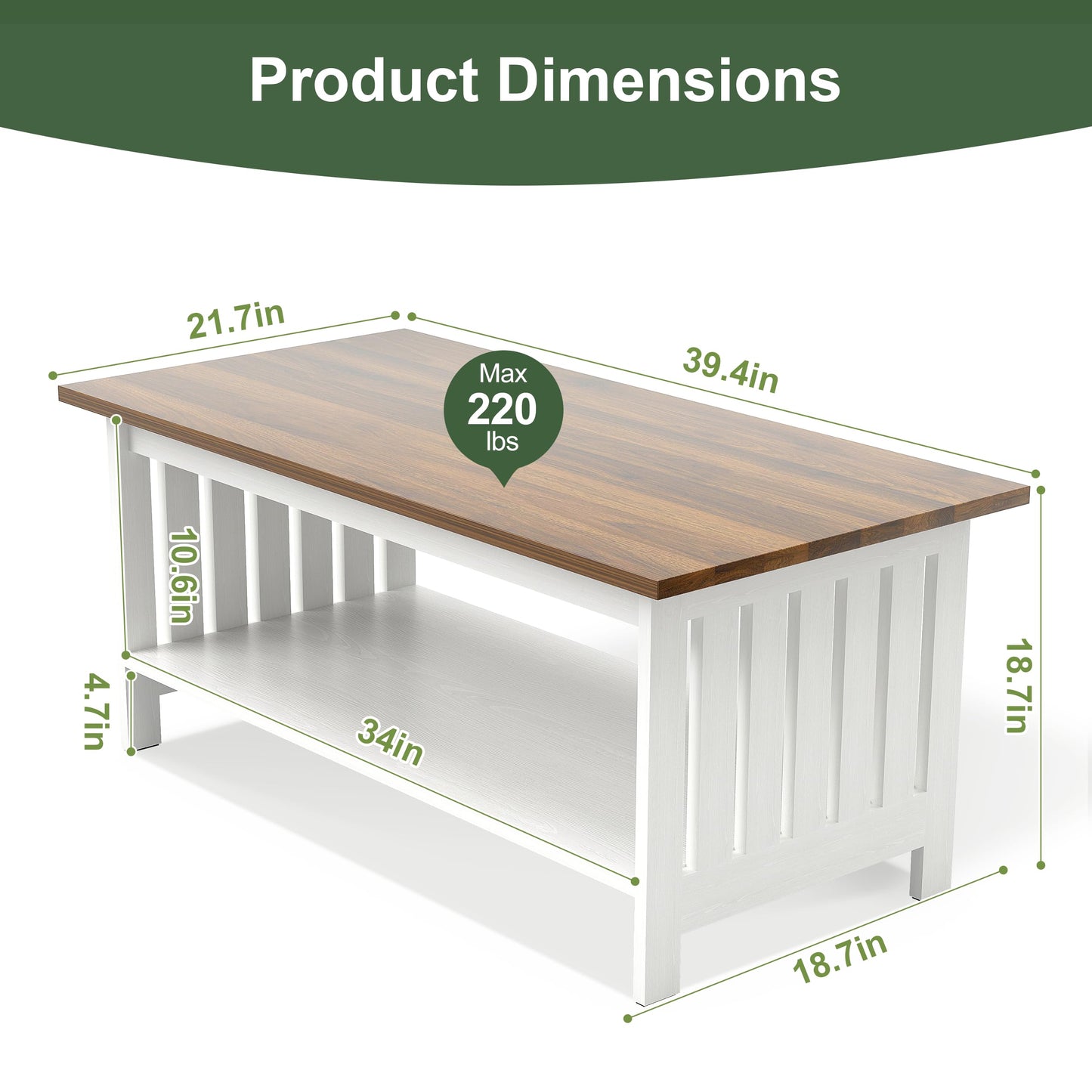 YOSHOOT 39.4" Farmhouse Coffee Table - Coffee Tables for Living Room, Small Coffee Table with Storage, Center Table for Living Room, Bedroom, Office, White