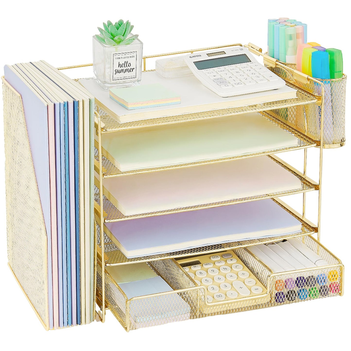 OPNICE Desk Organizer, 5-Tier Paper File Organizer with Drawer & Pen Holder, Office Desk Accessories, Workspace Desktop Organizer for Office Supplies(Gold)