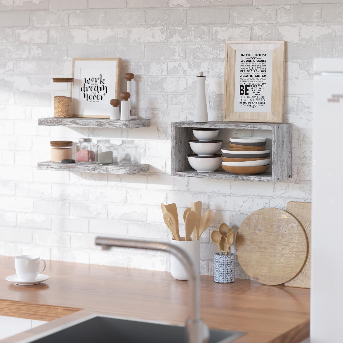 RICHER HOUSE Floating Shelves Set of 3, Farmhouse Bathroom Wall Mounted Shelves with Invisible Brackets Over Toilet, Wall Shelves for Bathroom Bedroom, Living Room, Kitchen - Rustic White