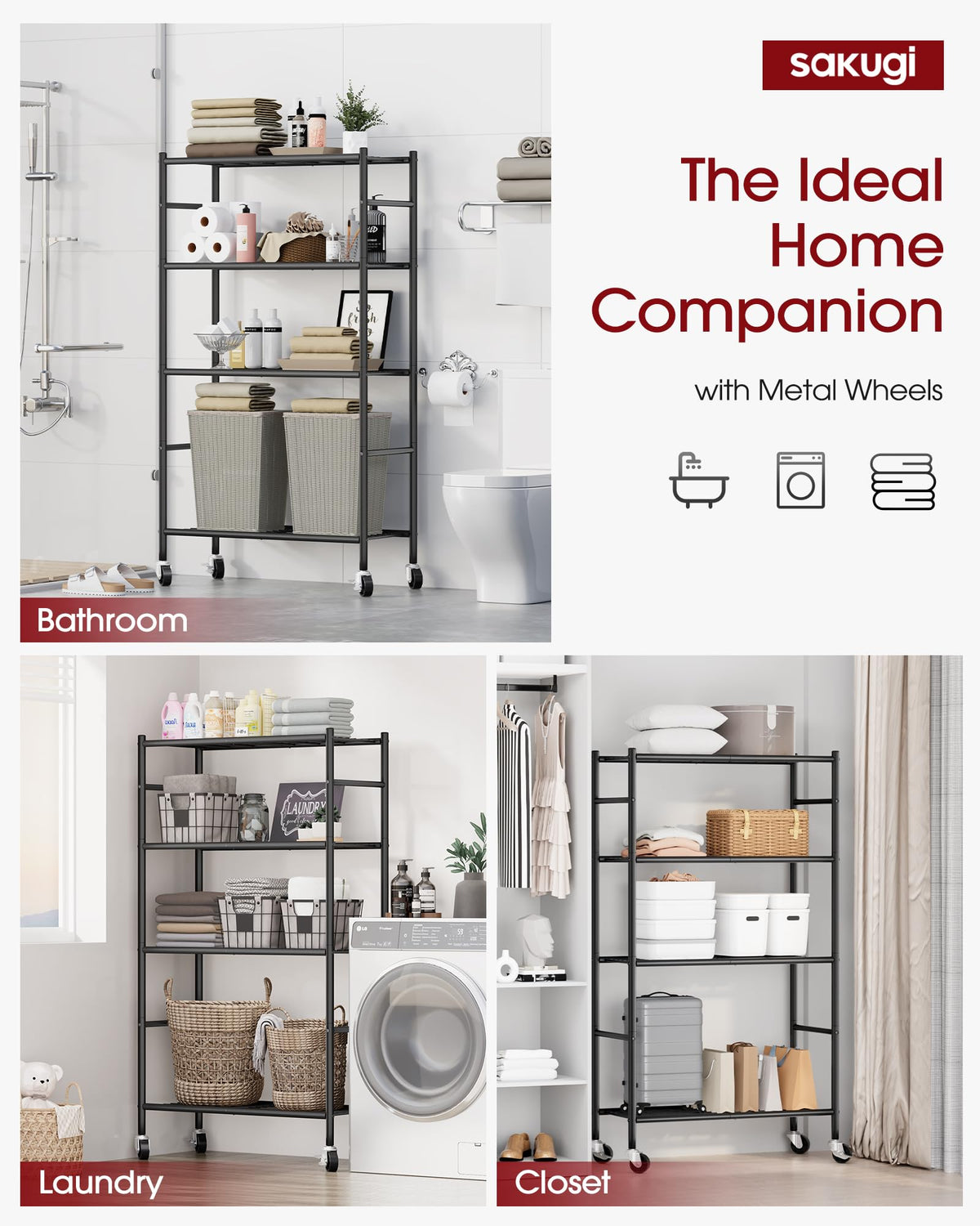 Sakugi Storage Shelves Organizer - 4 Tier Metal Shelf Organizer with Metal Wheels and Adjustable Leveling Feet, Heavy Duty Garage Shelving for Kitchen, Pantry and Closet, 33.1"x12.6"x58.9", Black