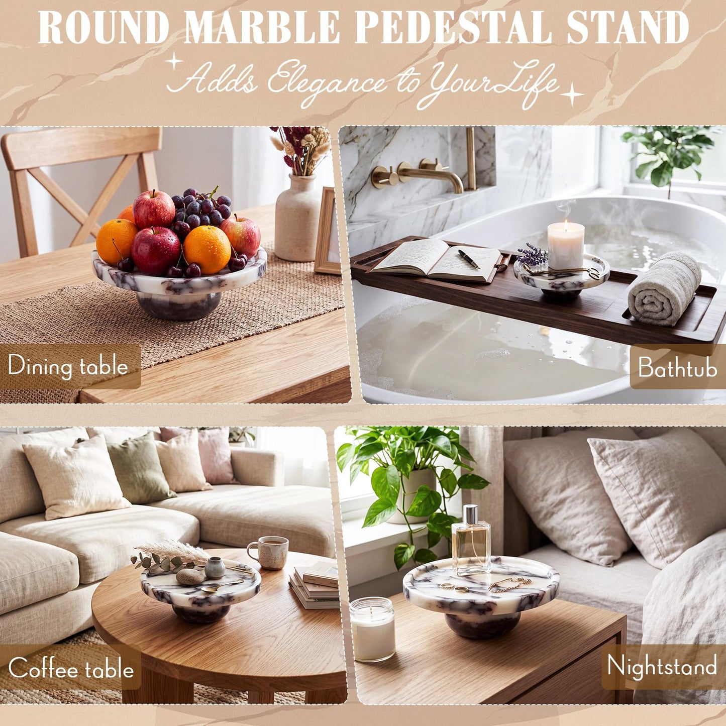 Ferrochef Natural Round Marble Tray with Legs, 7" Calacatta Viola Solid Marble Pedestal Tray Decorative for Bathroom Vanity, Kitchen Counter, Jewelry, Perfume and Candle Display