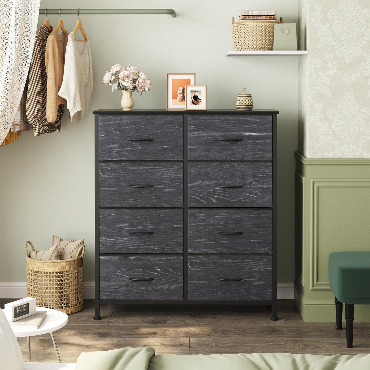 Sweetcrispy 8 Drawer Fabric Dresser for Bedroom, Tall Double Dresser Chest of Drawers with Sturdy Steel Frame and Wooden Top, Storage Organizer with Easy Pull Handles,Black Wood Grain
