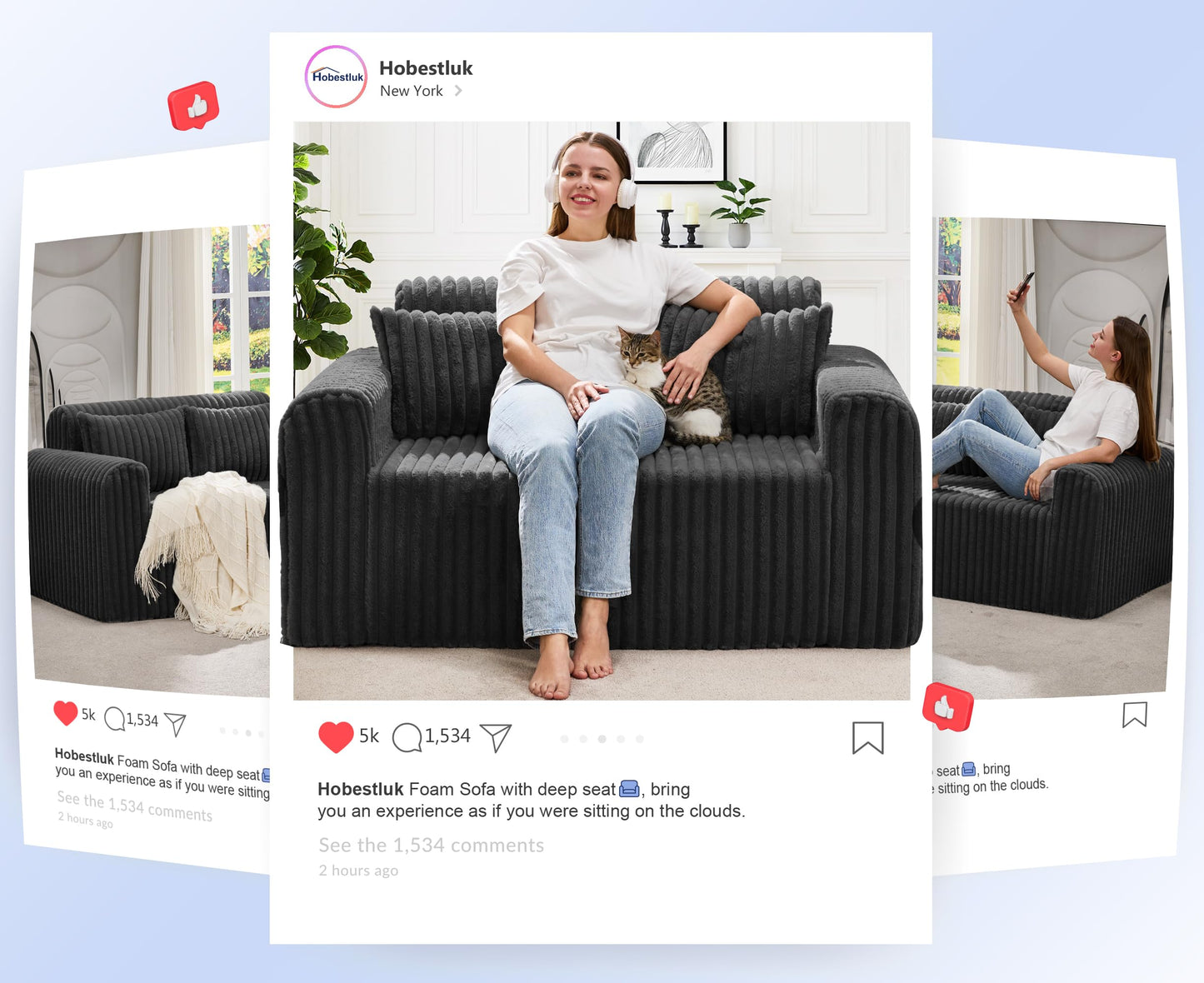 Hobestluk Couch Sofa 2-Seater Foam Sofa Loveseat for Small Spaces Comfy Sofas with Removable Cover Furry Couch with Pillows for Living Room, Bedroom, Apartment, Office (Black, Loveseat)