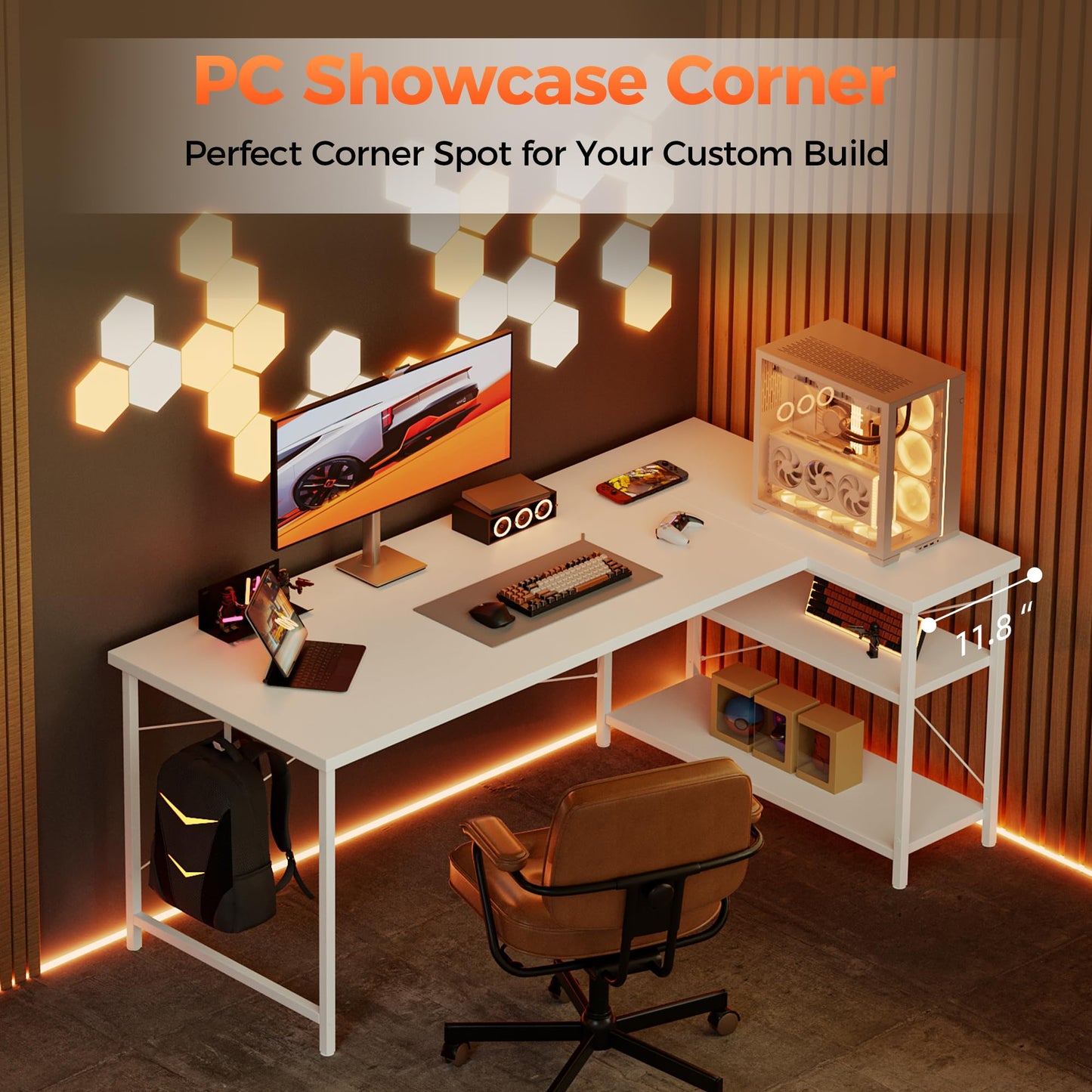 Mericonia Small L Shaped Computer Desk, Reversible Gaming Desk with Storage Shelves, Corner Gamer Desk Table, Study Writing Table
