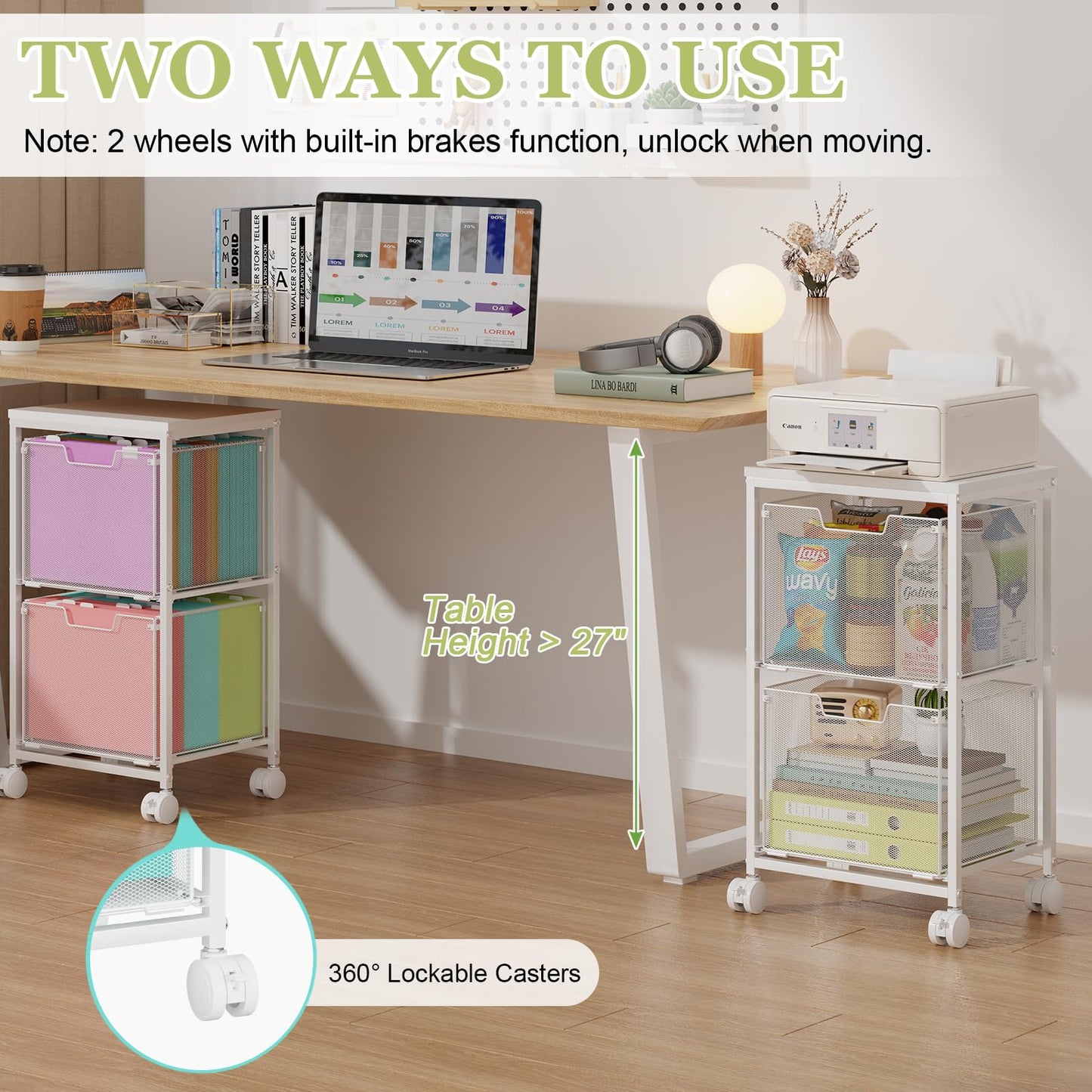 Rolling File Cart with 2 Storage Drawers,Under Desk Storage Cart,Hanging File Folder Organizer with Wheels, Filing Cabinet Mobile Printer Stand Utility Craft Cart for Home Office,White