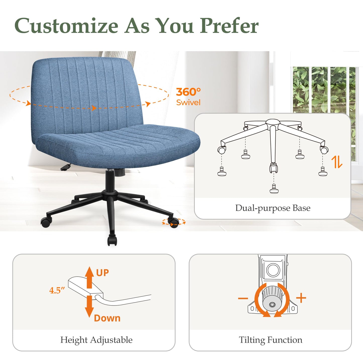 Orange Factory Criss Cross Chair Wheels Wide Cross Legged Office Desk Vanity Dual Base Comfy Fabric Armless Adjustable Swivel for Home Computer Task (Blue Dual Base, Fabric)