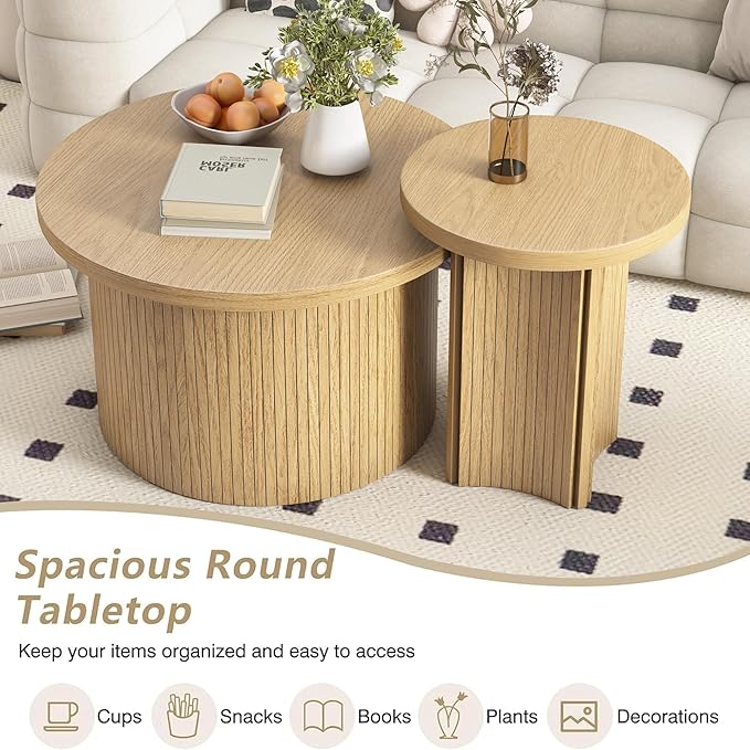 Mxtxmy Set of 2 Nesting Coffee Tables Farmhouse, Round Coffee Table Living Room
