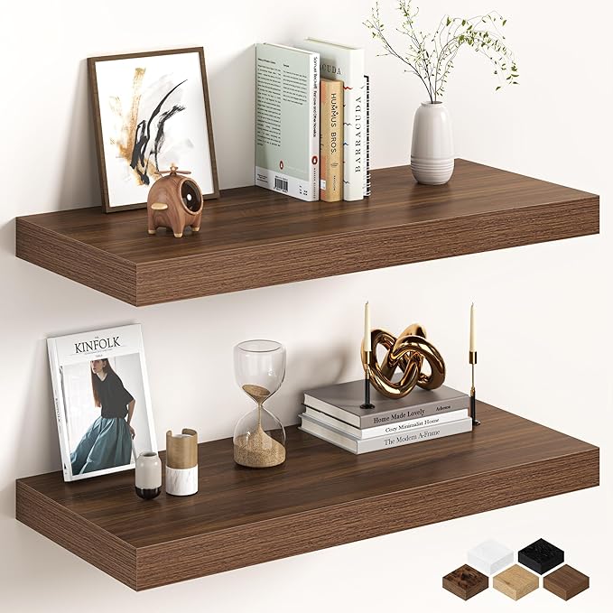 32Inch Walnut Floating Shelves for Wall, 12 Inch Deep Shelves for Bedroom