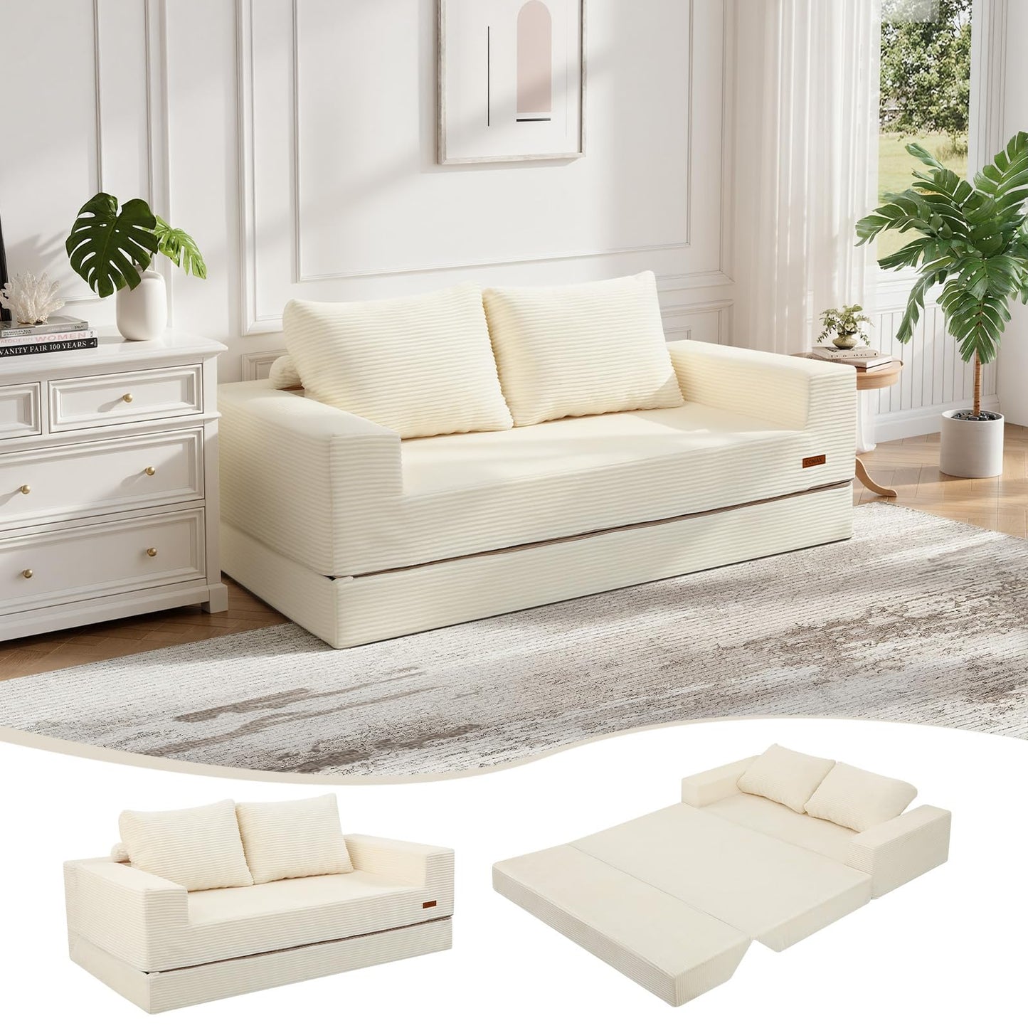 COMAX Convertible Sofa Bed Queen, Corduroy Folding Floor Couch Pull Out Couch Bed Futon Sleeper with Pillows, Fold Out Boneless Sofa Comfy Lounge Mattress Loveseat for Living Room Bedroom, Beige