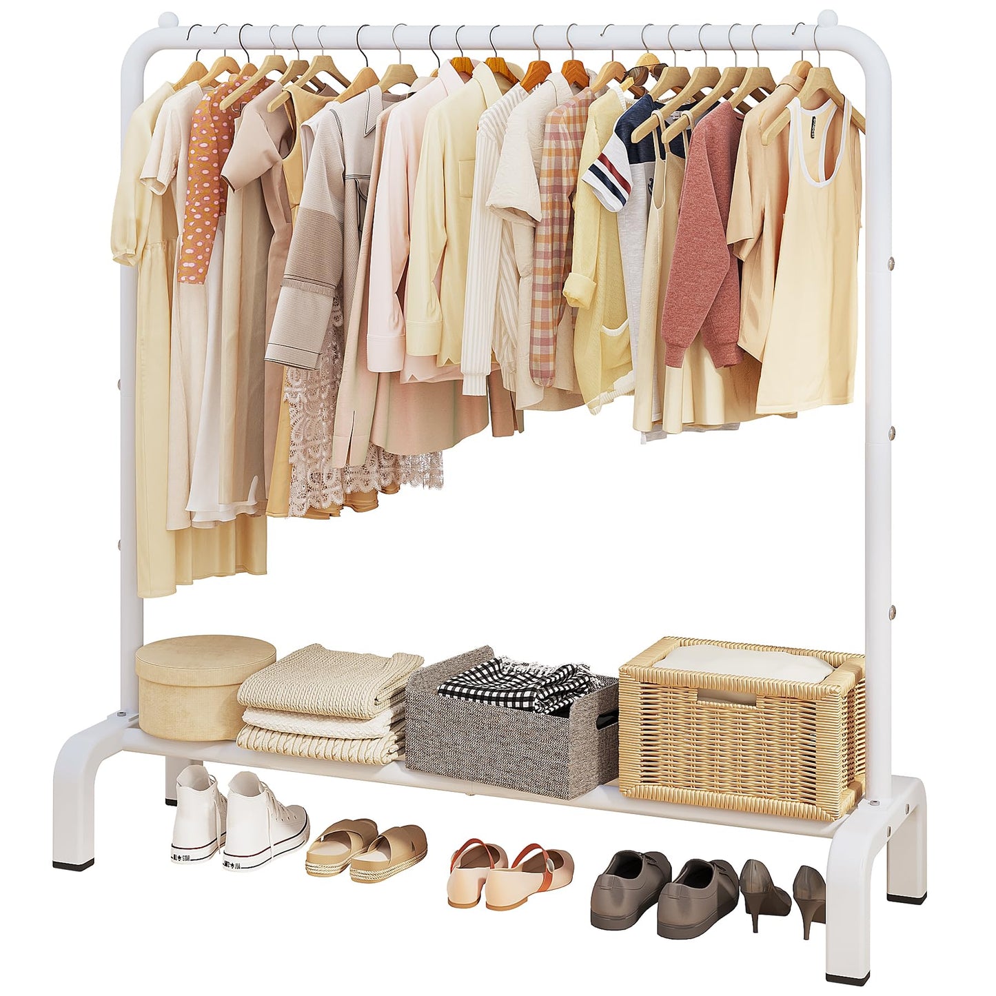 JIUYOTREE Metal Clothing Rack, 43.3 Inches Clothes Garment Coat Rack with Bottom Shelf for Hanging Skirts, Shirts, Sweaters, White