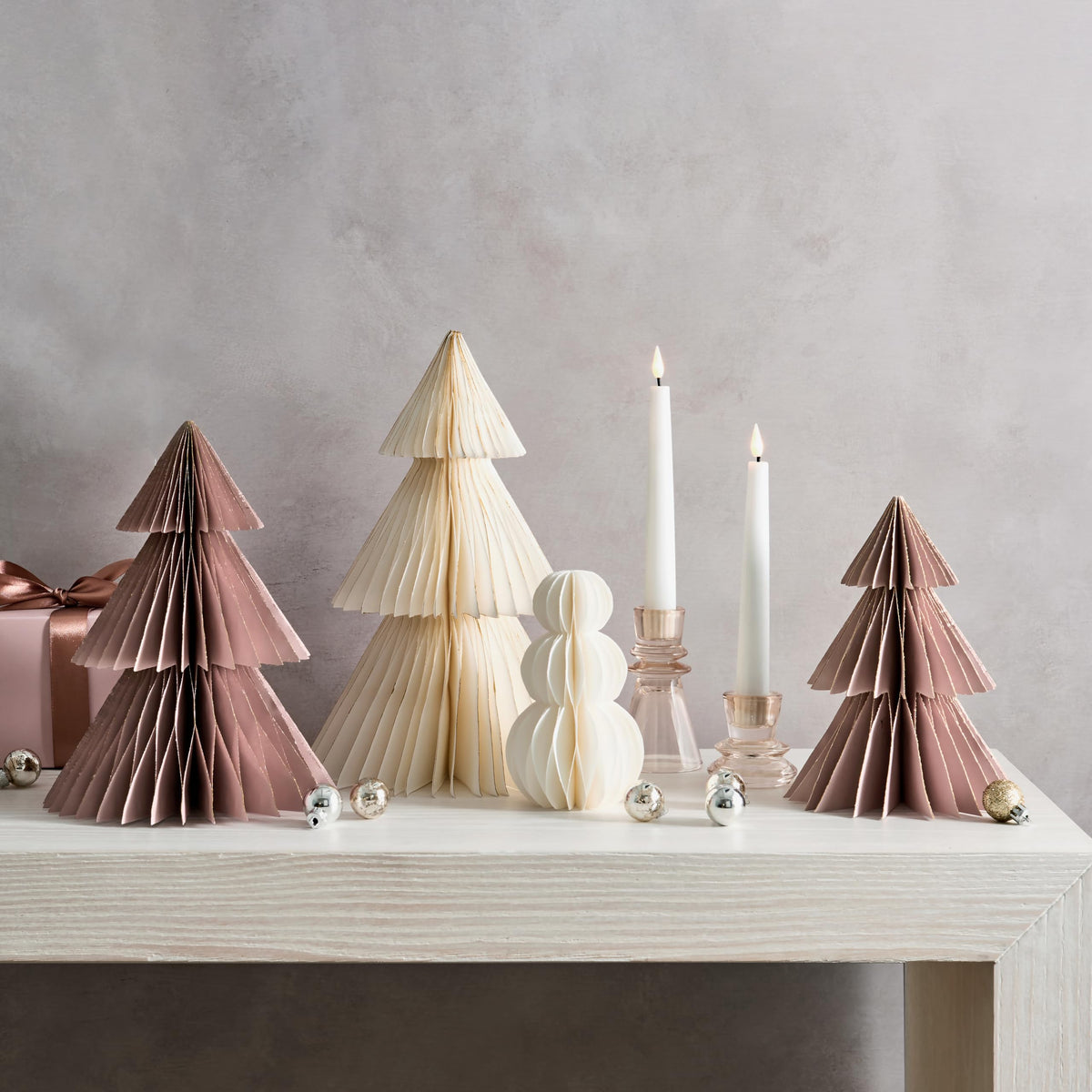 LampLust Paper Christmas Tree Decor, 2 Pack Dusty Rose Honeycomb Paper Trees, 10" & 12", Pink Decor, Winter Wonderland Decorations, Winter Decoration for Home, Winter Mantel Decor