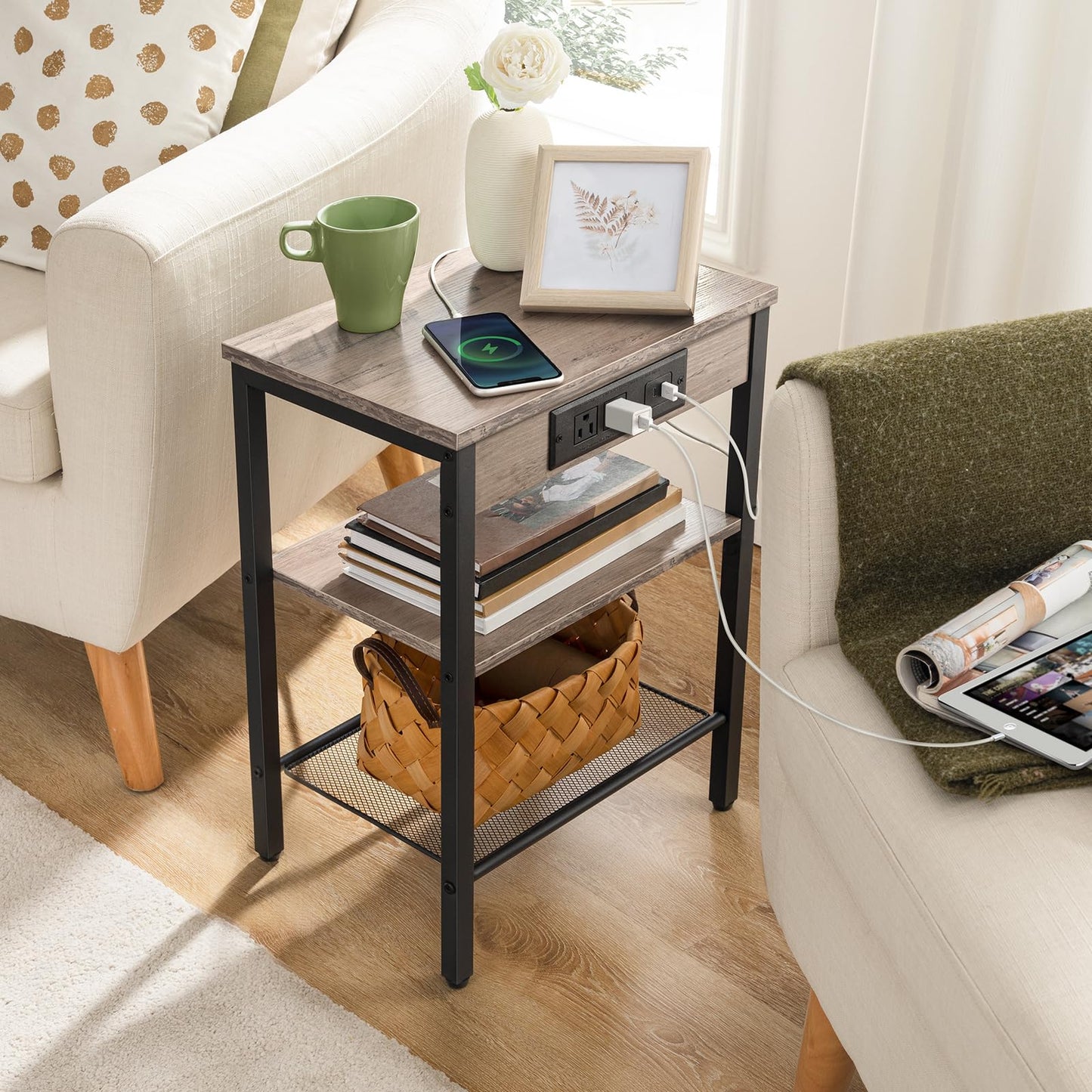 HOOBRO Side Table with Charging Station and USB Port, Small End Table for Small Space, 3-Tier Nightstand with Adjustable Shelf, for Living Room, Bedroom, Greige and Black BG112BZ01