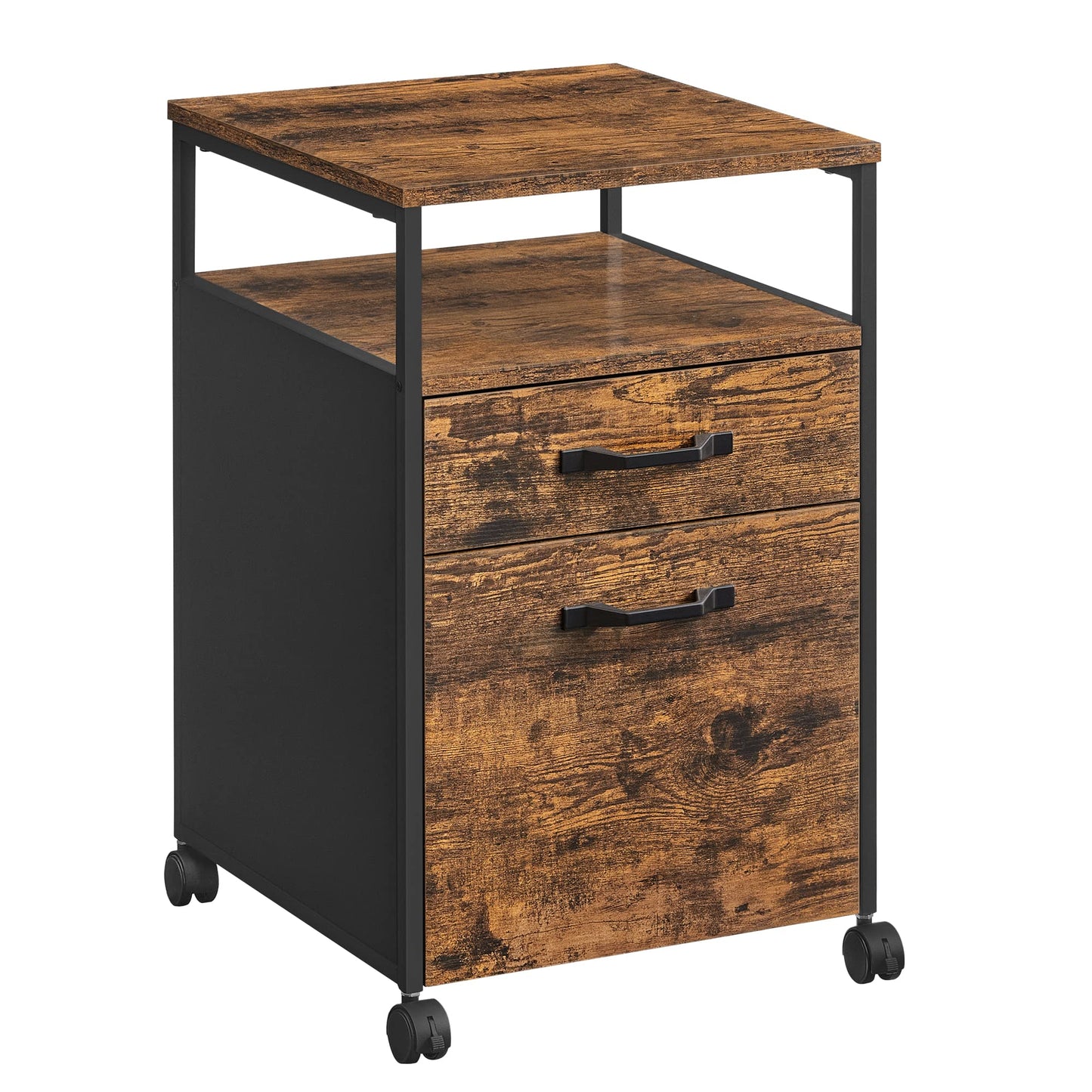 VASAGLE File Cabinet, Mobile Filing Cabinet with Wheels, 2 Drawers, Open Shelf, for A4, Letter Size, Hanging File Folders, Rustic Brown and Ink Black UOFC71X