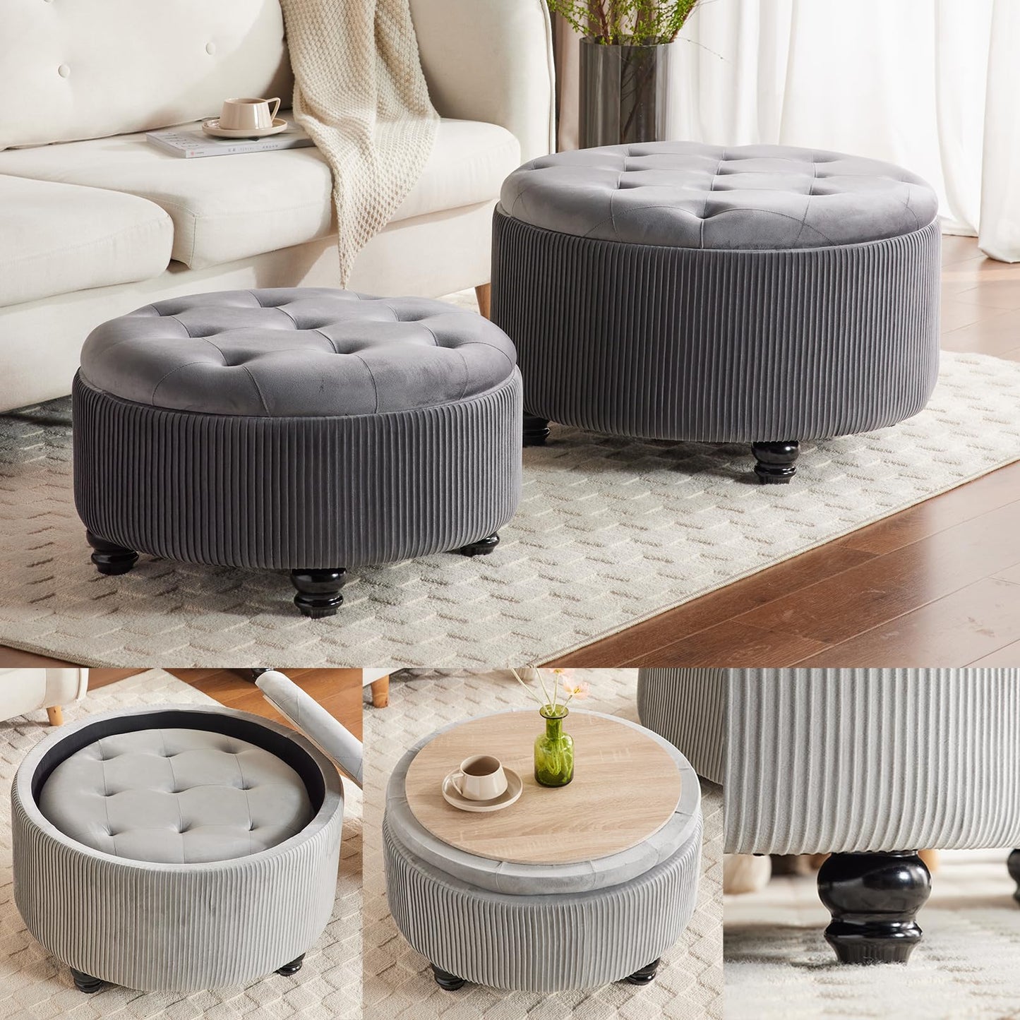 2BYF 29&24.5inch Large Round Storage Ottoman Coffee Table Set of 2 Modern Button Storage Coffee Table with Removable Lid for Living Room Upholstered Footrest Stool for Bedroom (Large-Grey)