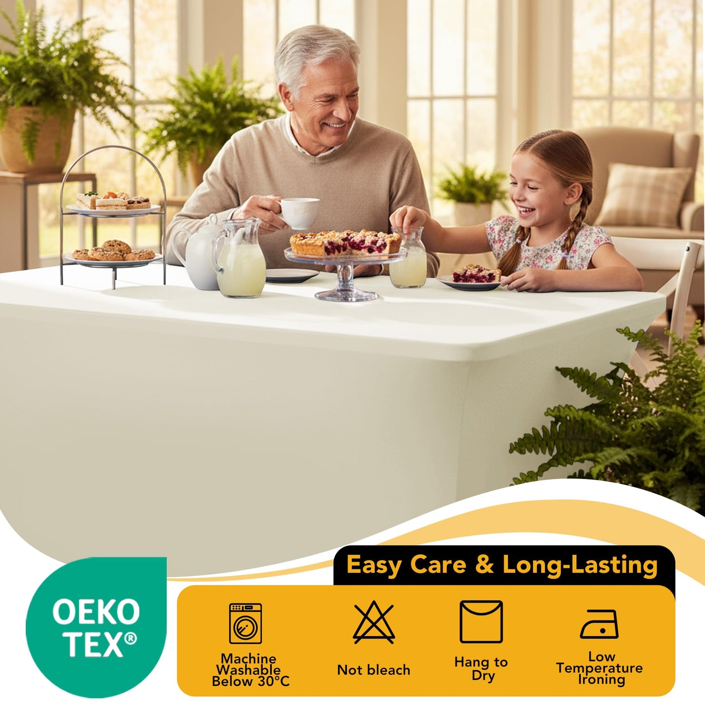 Dailyset 6-Pack Premium Cream Spandex Tablecloths for 6ft Rectangle Tables, Stain & Wrinkle-Resistant, Washable Stretch Polyester Fitted Table Cover for Weddings, Banquets, Trade Shows Events