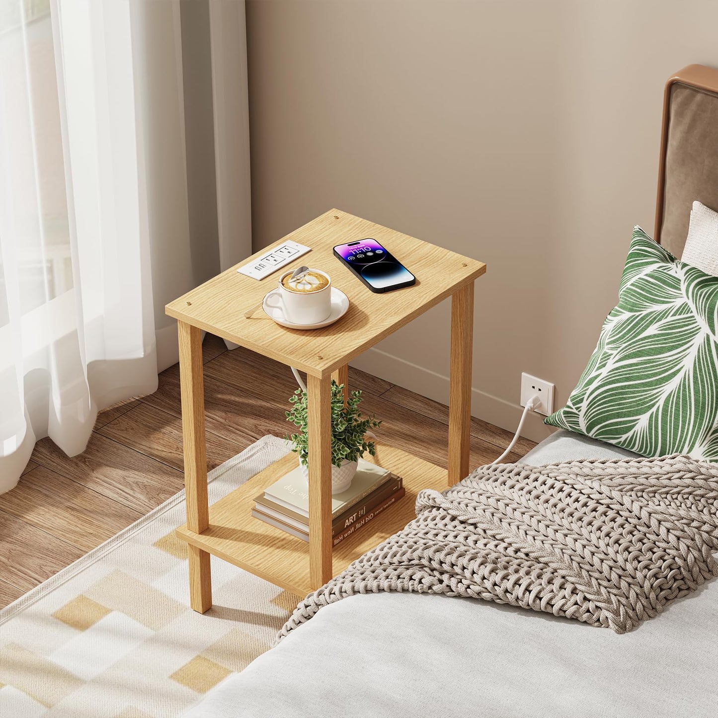 TUTOTAK End Table with Charging Station, Small Side Table with Outlets, Nightstand Bedside Table, 2-Tier Storage Shelf for Small Space, Living Room, Bedroom, Natural TB01BN040