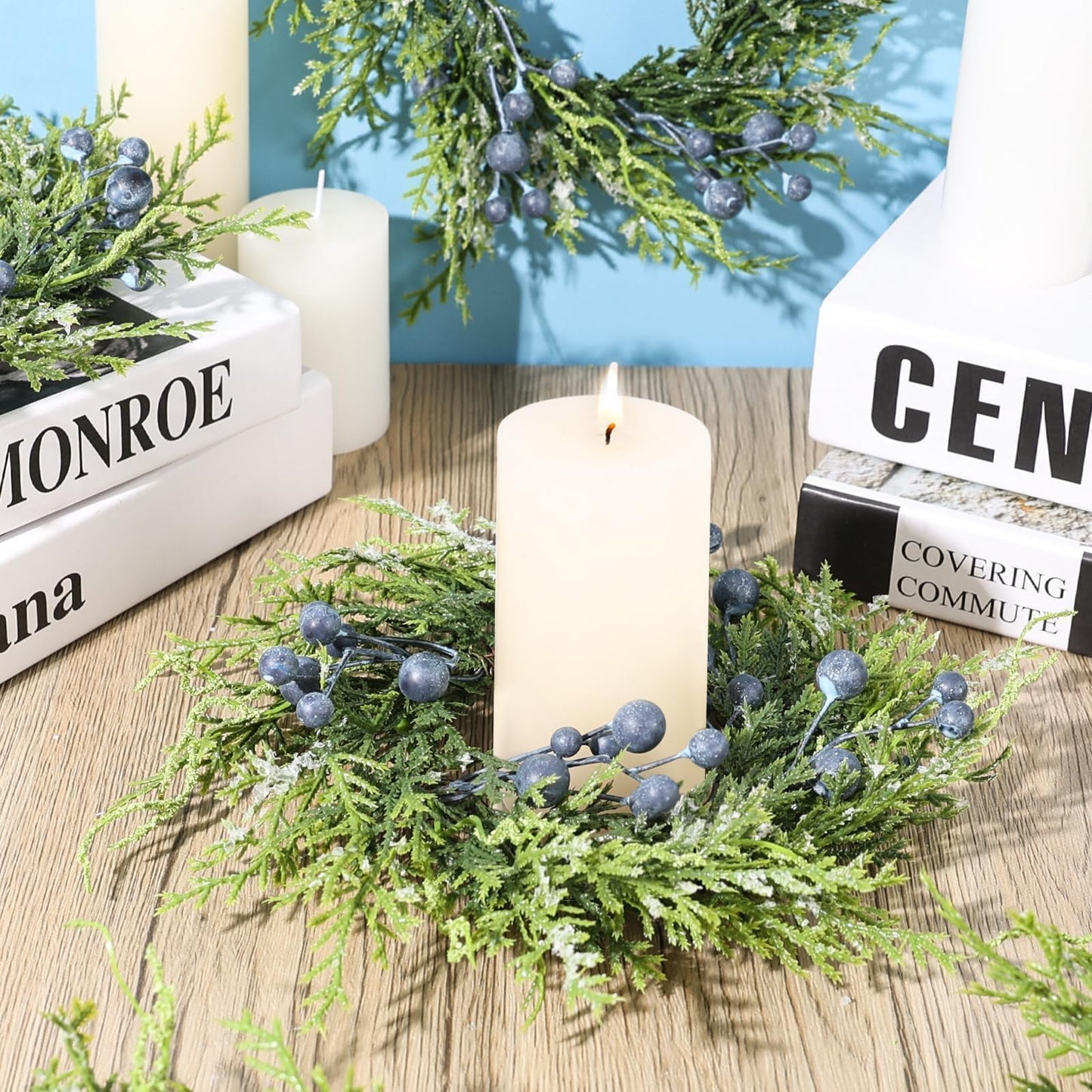 6 Pcs Mini Blueberry Wreaths Candle Rings Artificial Spring Summer Candle Wreaths for Pillars Rustic Wedding Farmhouse Wreath Table Centerpiece Decoration for Cabinet Kitchen Front Door Home Decor