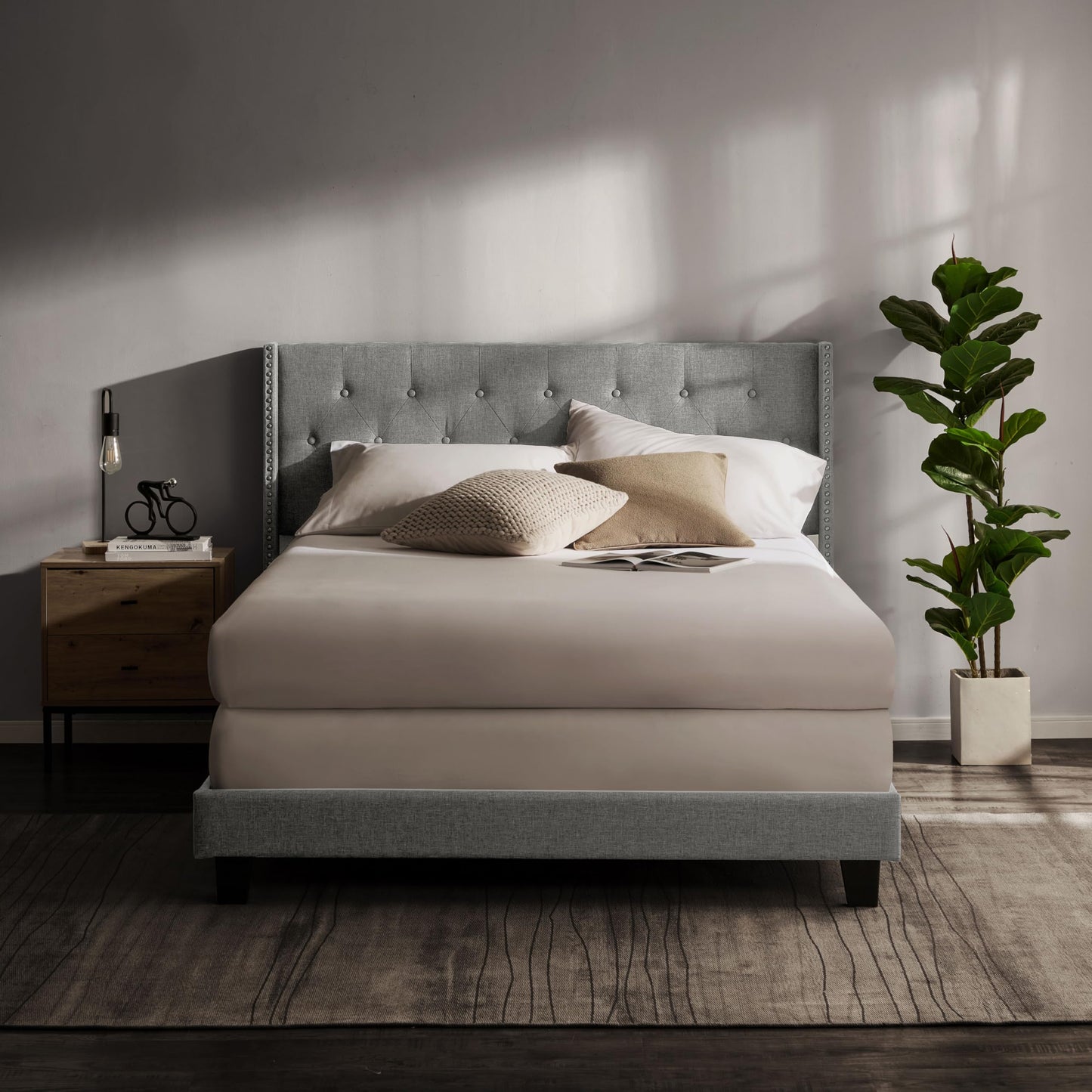 Hearth & Harbor Queen Bed Frame with Headboard Wingback – Linen Platform Bed Frame Queen Size, Button-Tufted Upholstered Bed Frame Queen, Modern Bedframe, Box Spring Required, Silver