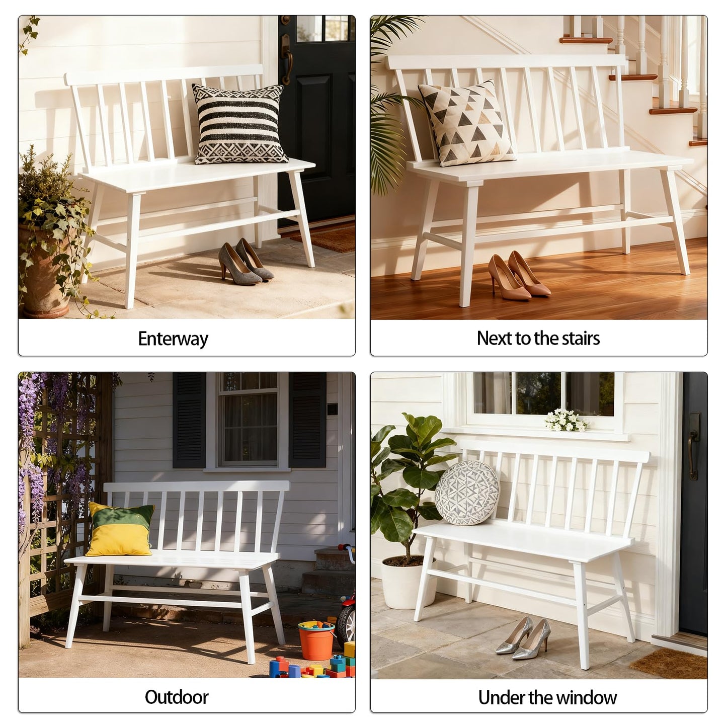 Wisuce Essentials Bamboo Dining Bench, Entryway Bench with Spindle Back Farmhouse Wood Windsor for Foyer Balcony Living Room (White)