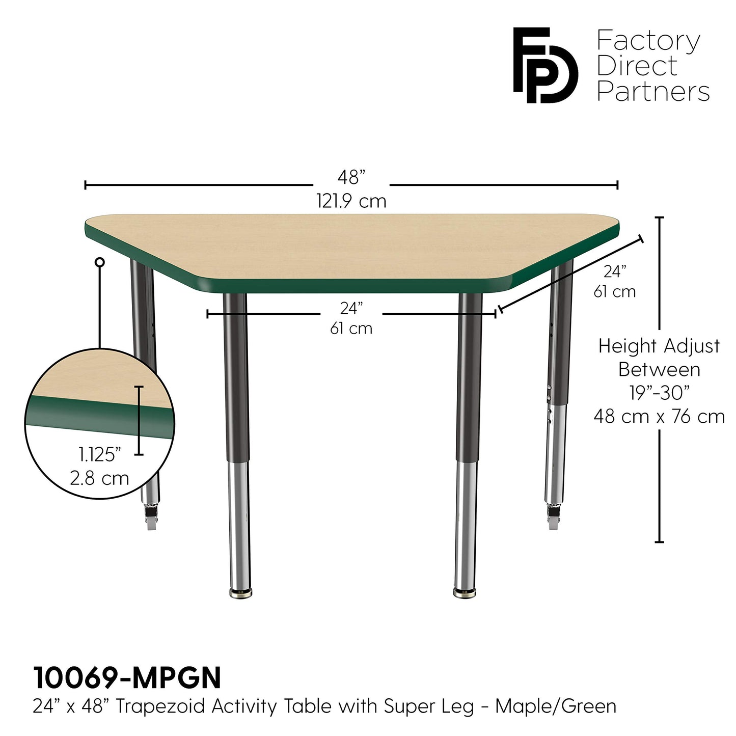 FDP Mobile Trapezoid Activity School and Office Table (24 x 48 inch), Super Legs with Glides and Casters for Collaborative Environments, Adjustable Height 19-30 inches - Maple Top and Green Edge