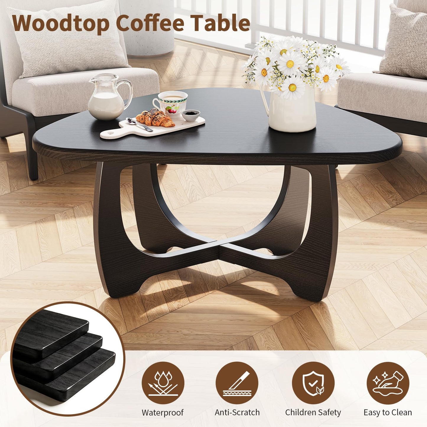 Curlaky Coffee Table for Living Room - Mid Century Modern Coffee Tables with Triangle Top, Unique Small Round Coffee Table, Wood Oval Tea Table with Solid Legs for Bedroom, 35.8"x 22.5" x 16.2" Black