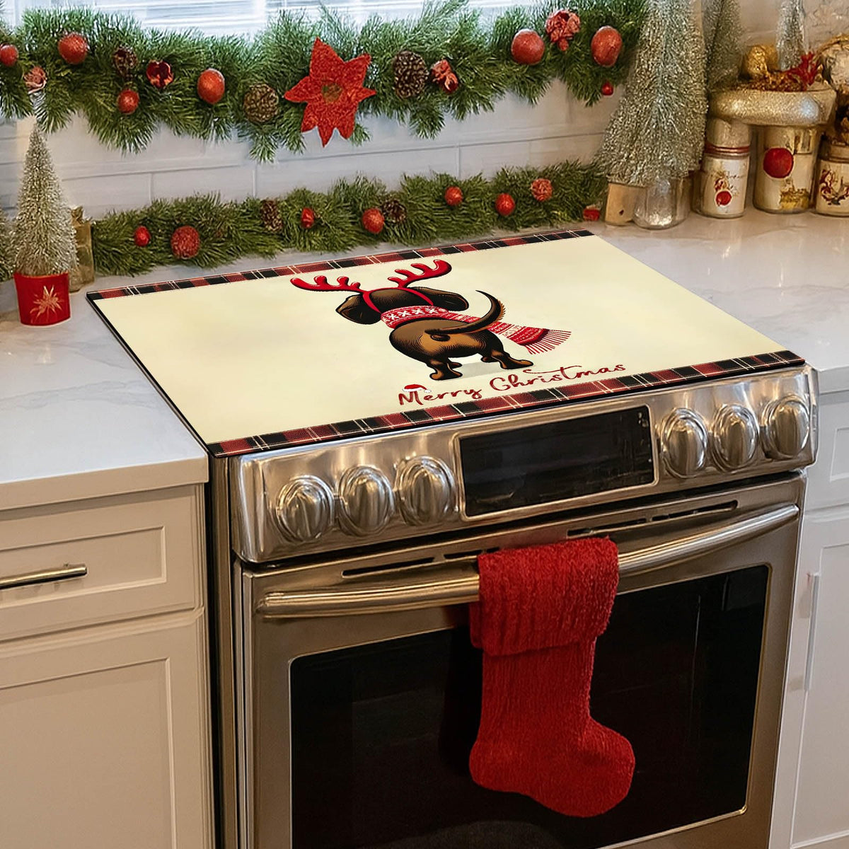 HOMETITUTE Stove Top Covers for Electric Glass Stove 28x20 Inch Christmas Dog Reindeer Design Heat Resistant Cooktop Protector Counter Cover Dish Drying Mat for Kitchen RV Camper