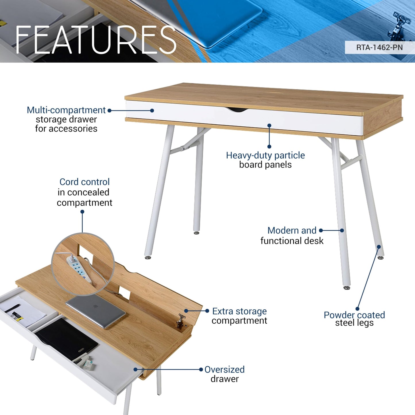 Techni Mobili Modern Multi Computer Desk with Storage, 30" x 21.7" x 45.3", Pine