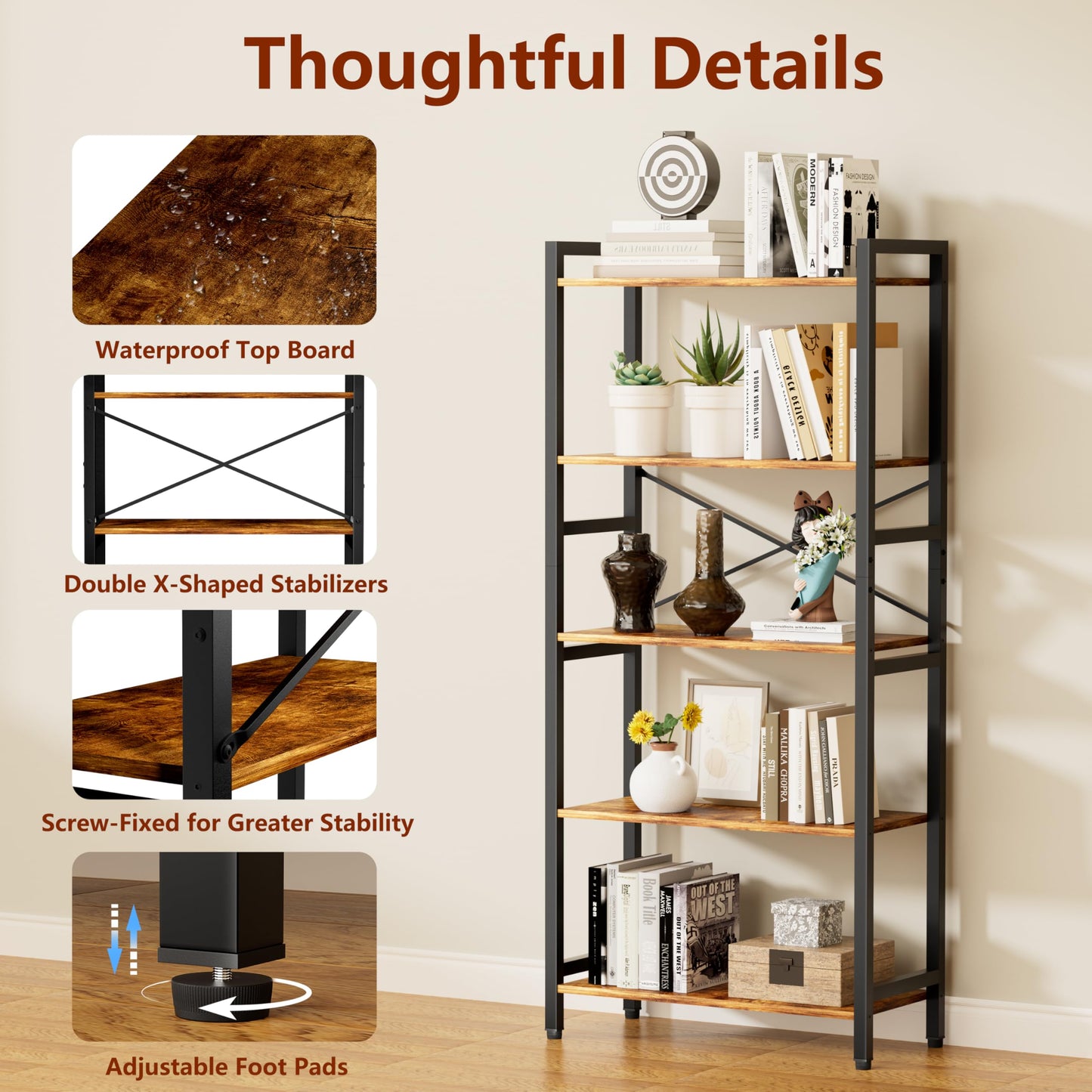 NewBeth 5 Tier Bookshelf,Storage Shelf with Steel Frame,Free Standing Open Book Shelves Storage Display Shelf