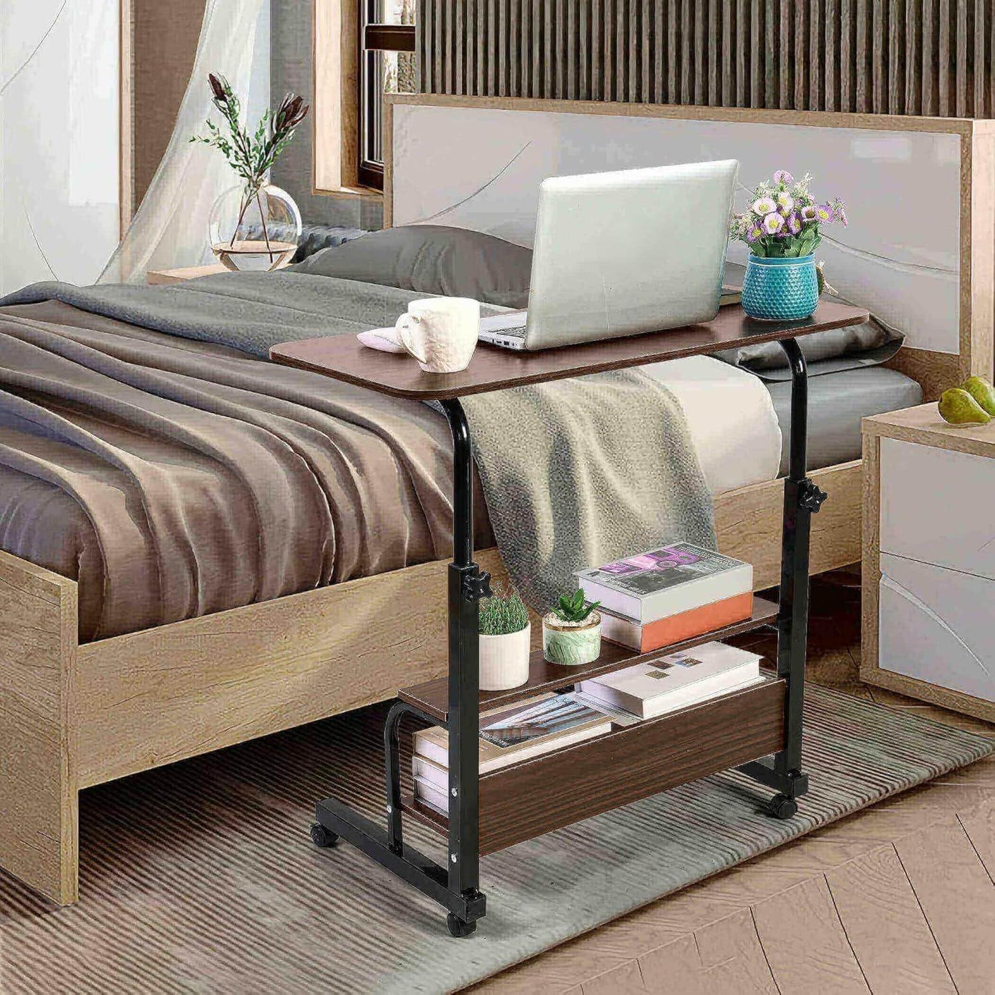 Dekhaoxe Adjustable Table Student Computer Desk Portable Home Office Furniture Small Spaces Sofa Bedroom Bedside Learn Play Game Desk on Wheels Movable with Storage Size 31.5 * 15.7 Inch Brown A
