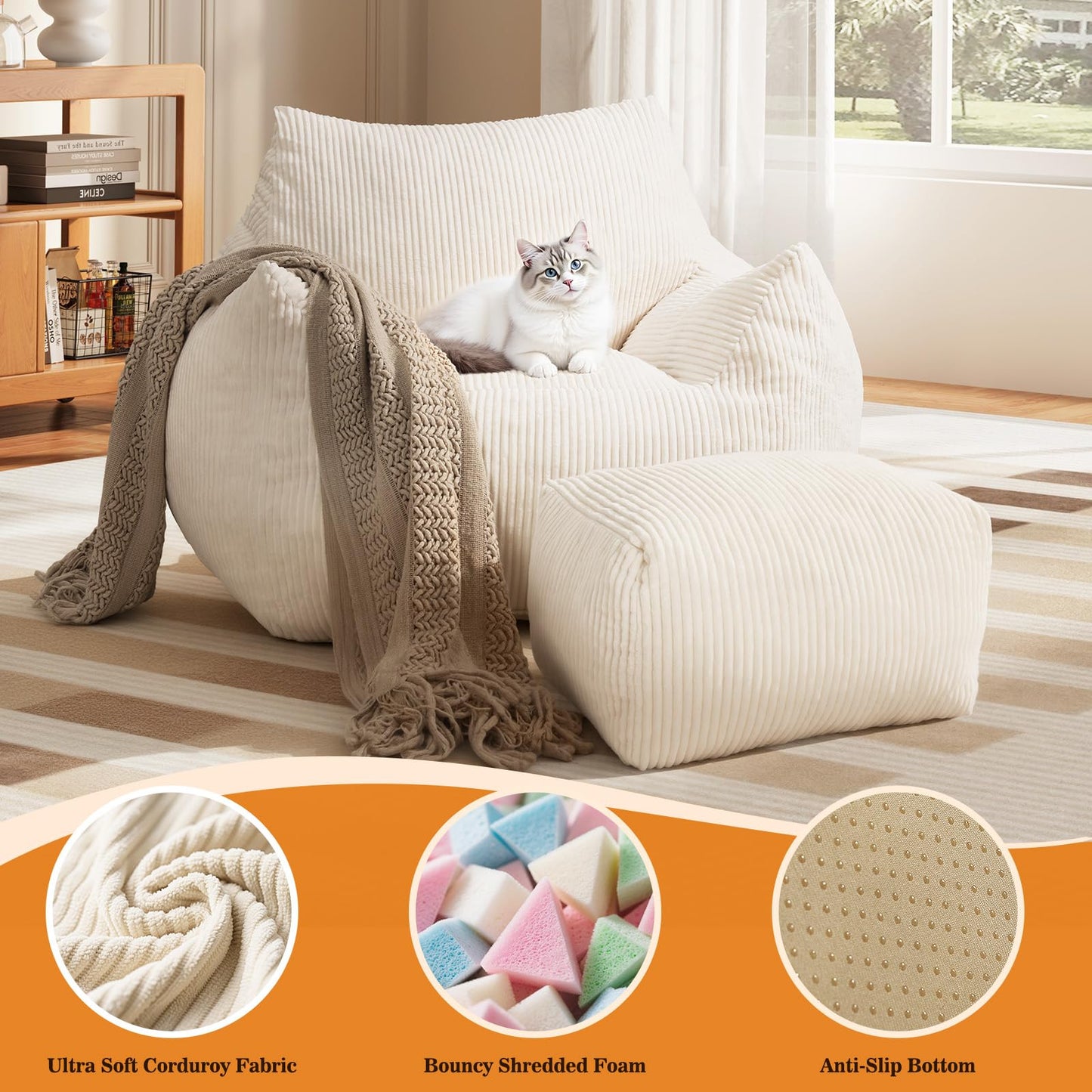Vellorise Big Bean Bag Chair for Adults, Ultra Soft Living Room Bean Bag with Armrests & Ottoman, Stuffed BeanBag Chair for Napping, Gaming, Vacuum-Compressed for Easy Gifting, 48h to Expand Beige