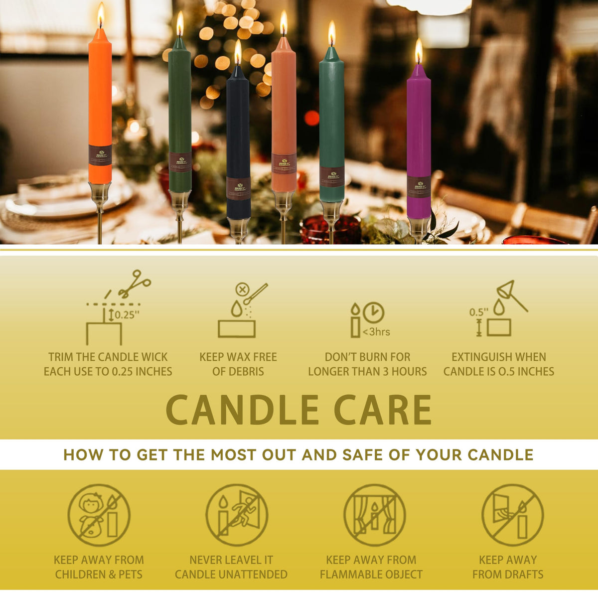 Christmas Metallic Gold Candle 9 Inch Tall Smokeless Taper Candles 4 Pack Unscented Dinner Candle for Christmas Dinner